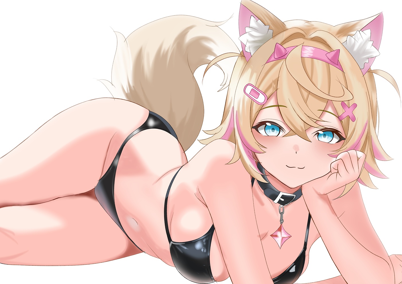 :3, alternate breast size, alternate breast size (larger), alternate costume, animal collar, animal ear fluff, animal ears, bandaid, bandaid hair ornament, bikini, black bikini, black collar, blonde hair, blue eyes, breasts, cleavage, closed mouth, collar, commentary, crossed bangs, dog ears, dog girl, dog tail, double-parted bangs, english commentary, female, hair between eyes, hair intakes, hair ornament, hairband, hololive, hololive english, hololive english -advent-, horn hairband, looking at viewer, lying, medium breasts, mococo abyssgard, multicolored hair, navel, on side, pink hair, pink hairband, rijeka1918, short hair, simple background, solo, streaked hair, swimsuit, tail, two side up, virtual youtuber, white background, x hair ornament