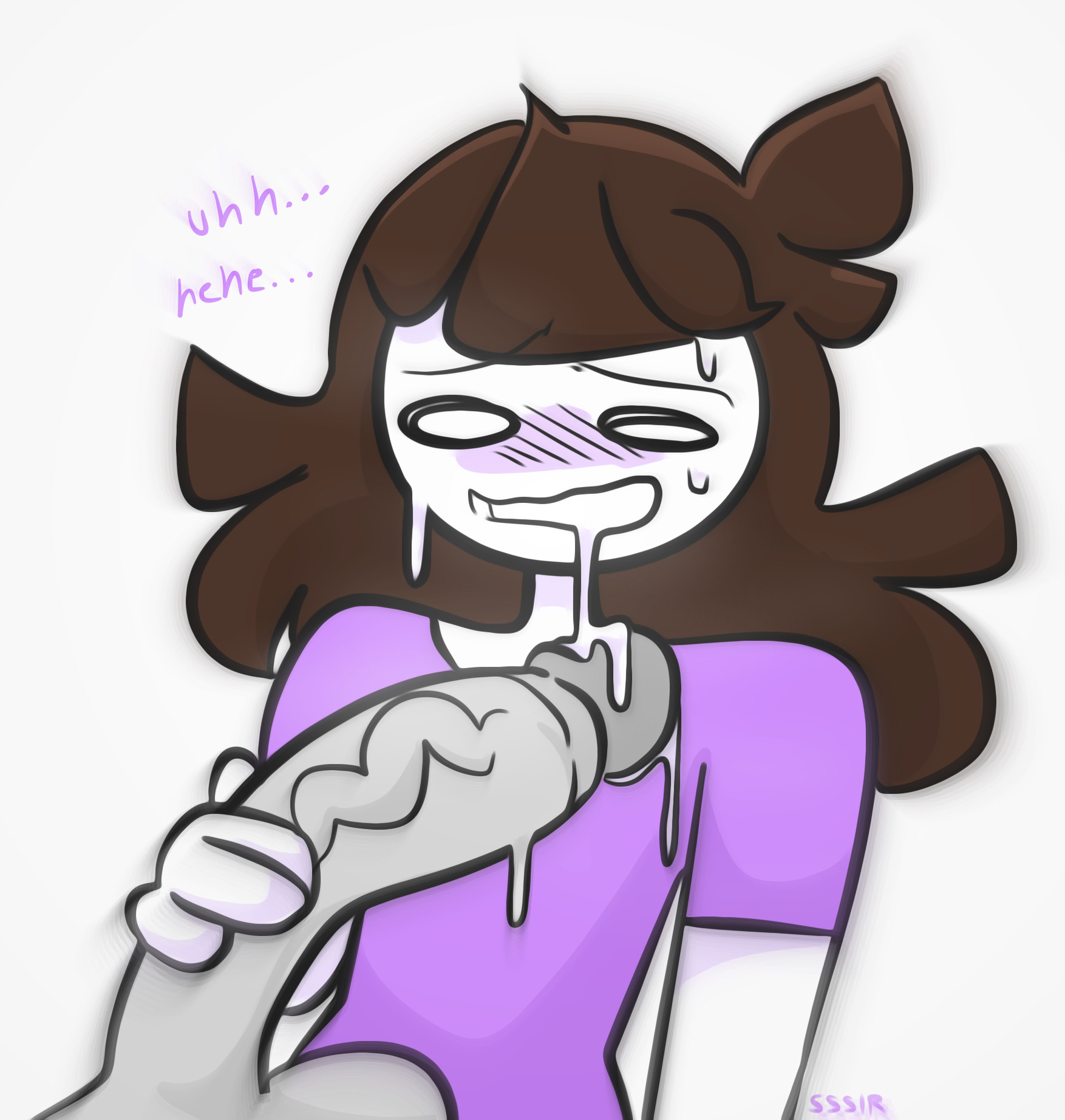 blush, brown hair, clothed, cum, cum on face, female, jaiden, jaiden animations, jaidenanimations, light skin, light-skinned male, literally melting, male, penis, slobbyslapper, sssir, sssir8, text, youtube, youtuber