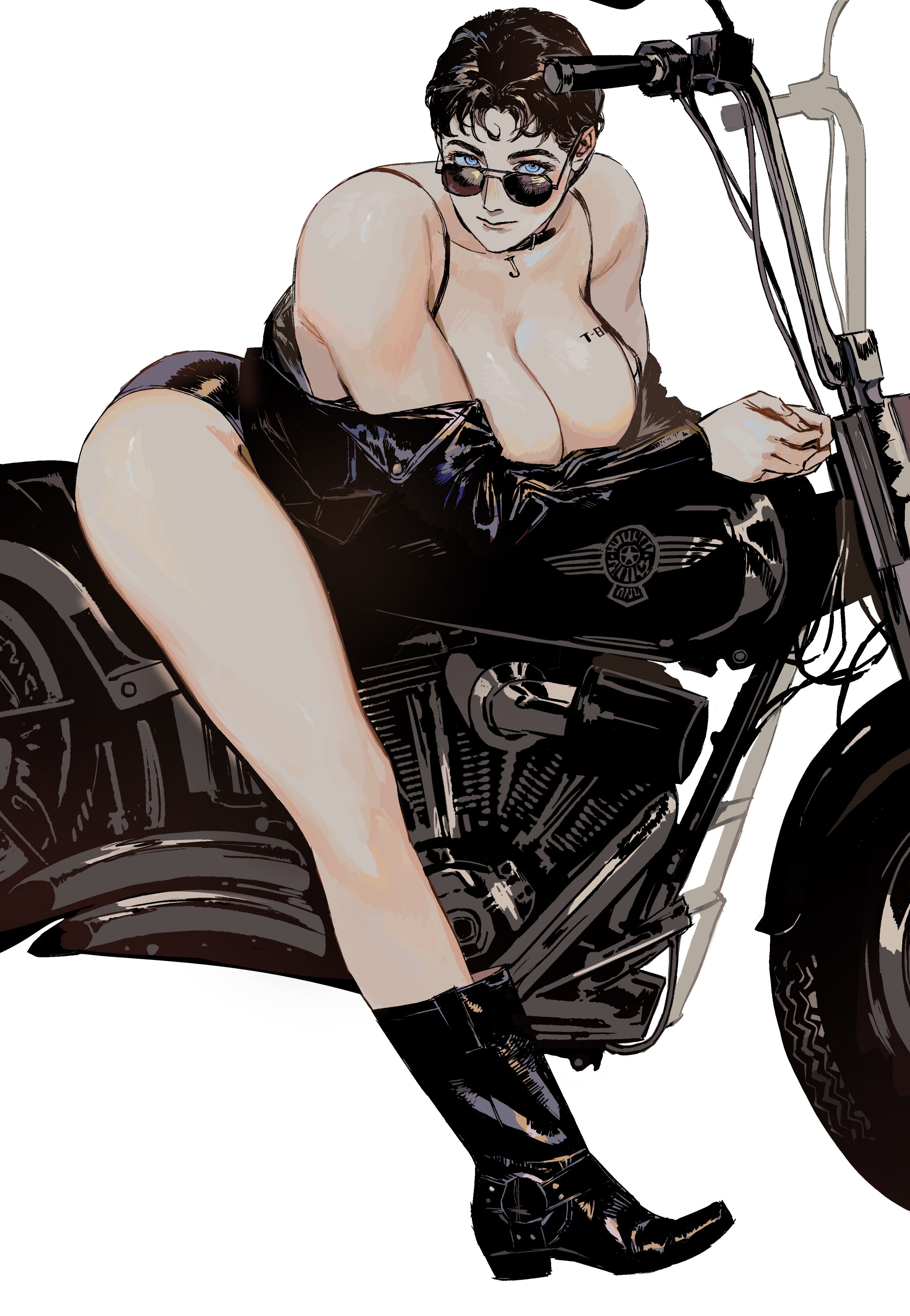 1girls, absurd res, auroraradiation, bbw, big breasts, bike, biker, biker clothes, biker girl, black hair, blue eyes, boots, choker, chubby, cleavage, collar, curvaceous, curvy, curvy female, curvy figure, fat, female, female focus, female only, goth, goth girl, hi res, high quality, high resolution, highres, large breasts, leather, leather boots, leather choker, leather clothing, leather collar, leather jacket, motor vehicle, motorcycle, oc, original, original character, solo, solo female, solo focus, t-800, tagme, terminator (franchise), tia (auroraradiation), tomboy, tomboy milf, venus body, very short hair, voluptuous, voluptuous female