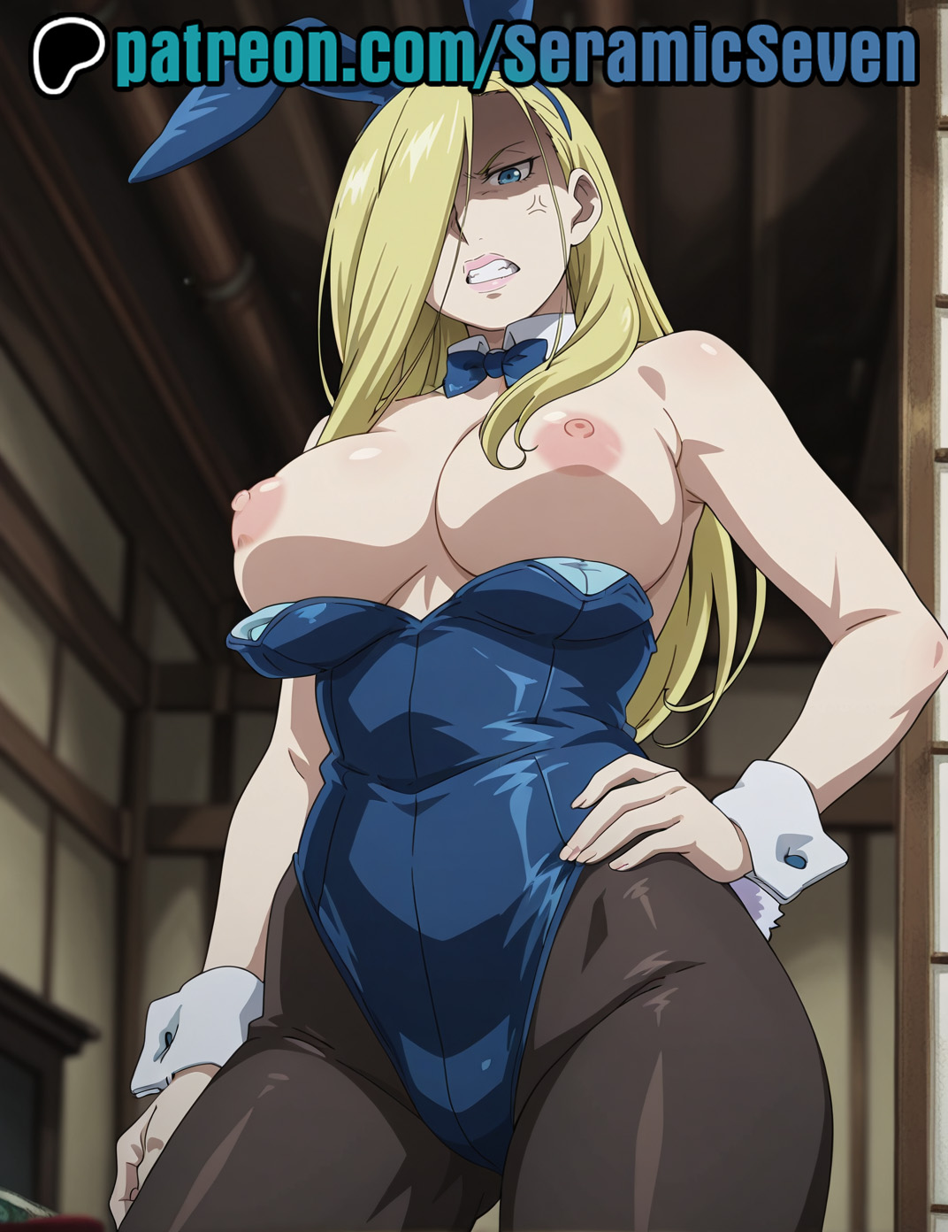 1female, 1girls, 2025, 2d, ai generated, anger vein, angry, angry expression, angry face, anime, anime style, blonde female, blonde hair, blonde-haired female, blue eyes, breasts, bunny ears, bunnysuit, contrapposto, exposed breasts, exposed nipples, female, from below, fullmetal alchemist, fullmetal alchemist brotherhood, gritted teeth, hair covering eye, hand on hip, light skin, light-skinned female, long hair, milf, mommy, nipples, olivier mira armstrong, one eye covered, playboy bunny, seramic seven, solo, solo female, solo focus, uncensored, uncensored breasts, uncensored nipples