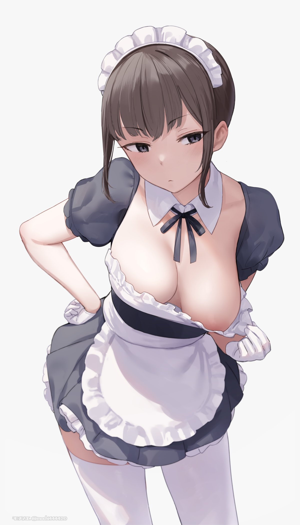 apron, areola slip, black dress, black eyes, black ribbon, blush, breasts, brown hair, closed mouth, commentary request, detached collar, dress, female, frills, gloves, grey background, hand on own hip, highres, maid, maid headdress, medium breasts, mochi (mochi444420), neck ribbon, original, puffy short sleeves, puffy sleeves, ribbon, short sleeves, simple background, solo, thighhighs, waist apron, white apron, white gloves, white thighhighs