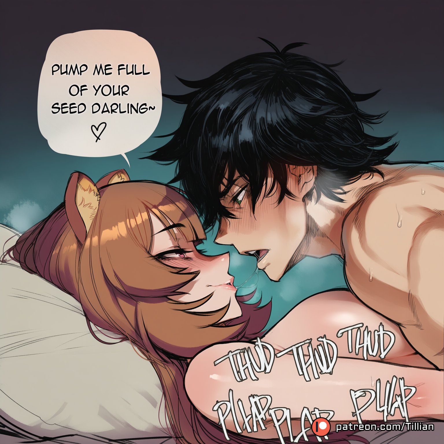1boy, after kiss, ai generated, animal ear fluff, animal ears, artist name, black hair, blush, boy on top, breasts, brown hair, completely nude, english text, eye contact, female, from side, green eyes, half-closed eyes, heavy breathing, implied sex, iwatani naofumi, large breasts, long hair, looking at another, lying, male, nude, on back, open mouth, patreon logo, patreon username, pillow, pink eyes, raccoon ears, raccoon girl, raphtalia, saliva, saliva trail, short hair, smile, speech bubble, straight, sweat, tate no yuusha no nariagari, tillian, web address