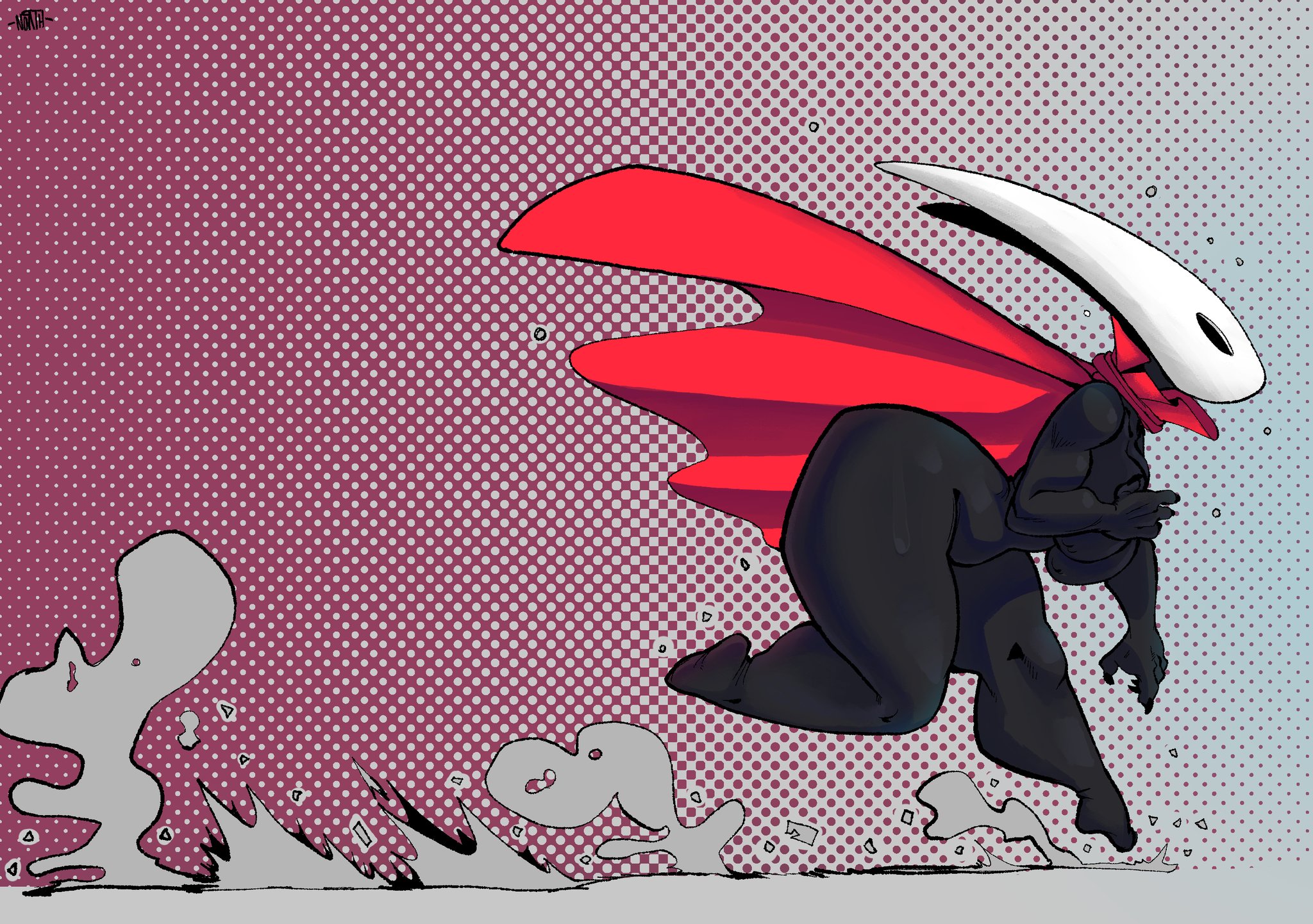 1girls, 2 horns, artist signature, black body, boobs, breasts, cape, fat ass, female, hollow eyes, hollow knight, hornet (hollow knight), insect, insect girl, insects, mask, north star 500, running, thick thighs, voluptuous, voluptuous female