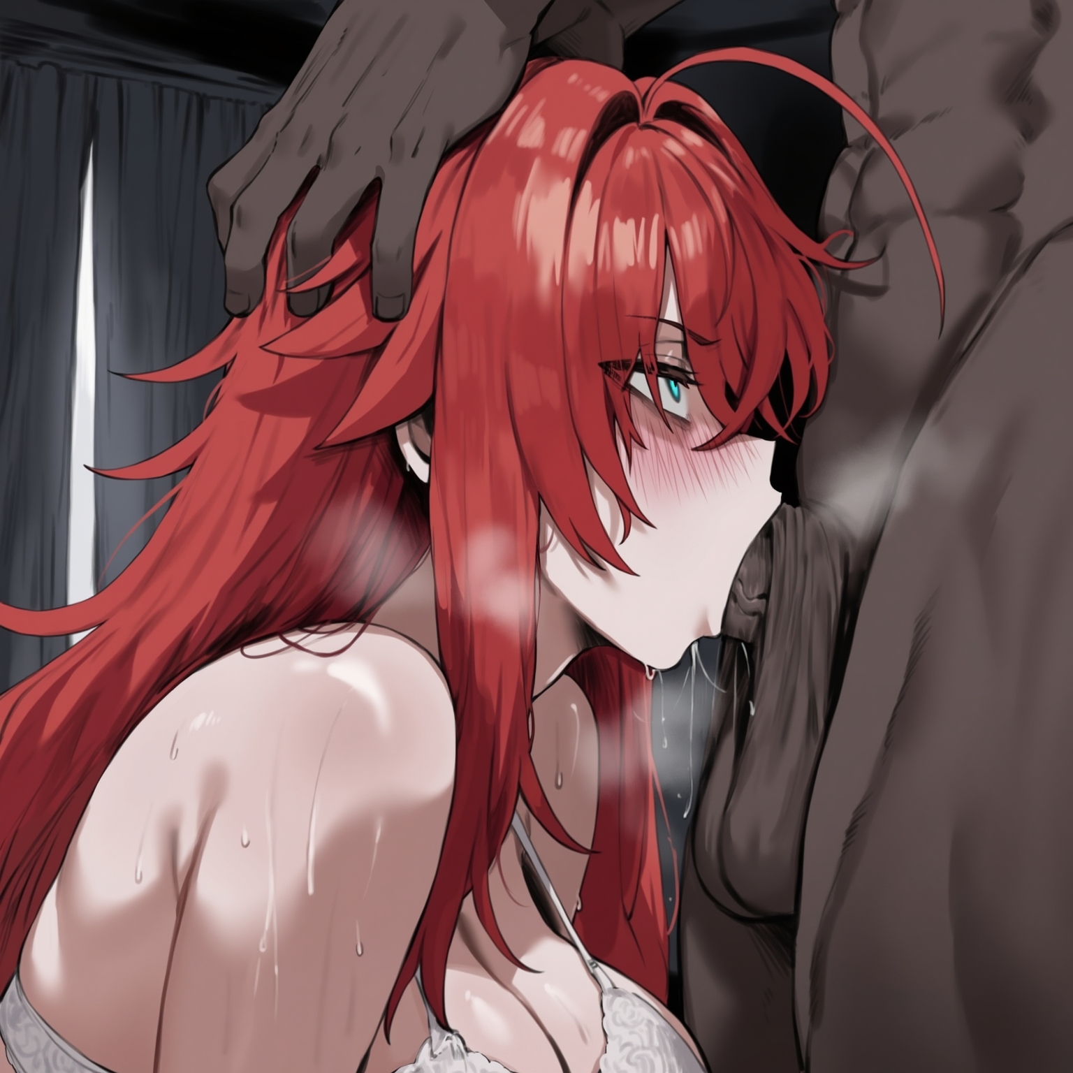 1boy, 1boy1girl, 1boys, 1girls, ahoge, ai generated, bedroom, big breasts, big penis, blue eyes, blush, breasts, cock, dark skin, dark-skinned male, fellatio, female, grabbing, hand on head, head grab, high school dxd, hips, huge breasts, huge cock, indoors, interracial, large breasts, large penis, lingerie, long hair, male, oral, penis, red hair, rias gremory, sucking, sucking penis, thick thighs, thighs, truck kun, veiny penis, voluptuous, wide hips