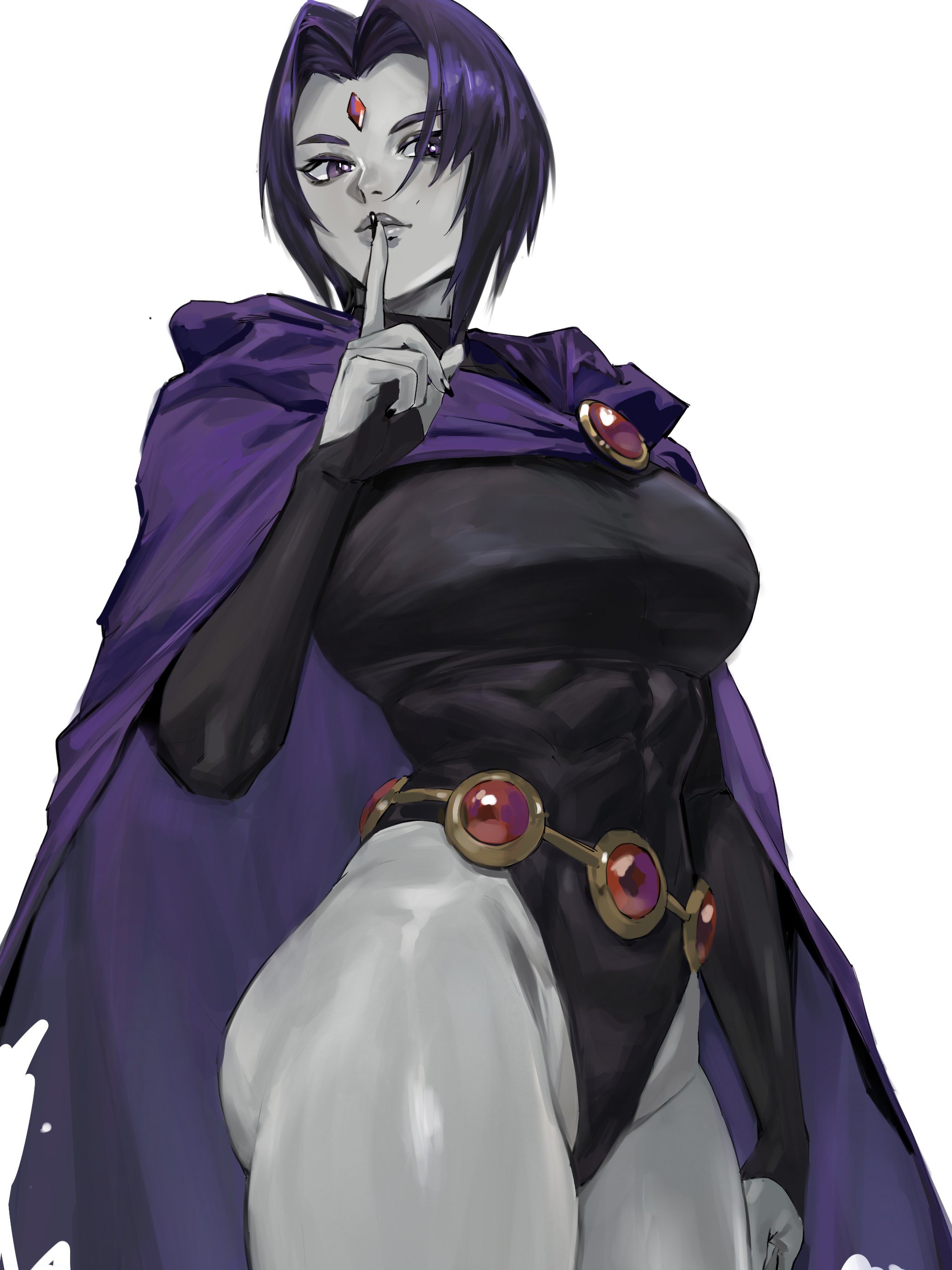ass, belt, black nails, cloak, clothing, dc, dc comics, demon girl, female, forehead jewel, grey body, grey skin, half demon, hood down, leotard, looking at viewer, painted nails, purple cloak, purple eyes, purple hair, raven (dc), red gem, red gemstone, ripped clothing, shushing, side view, taiyang yu, teen titans