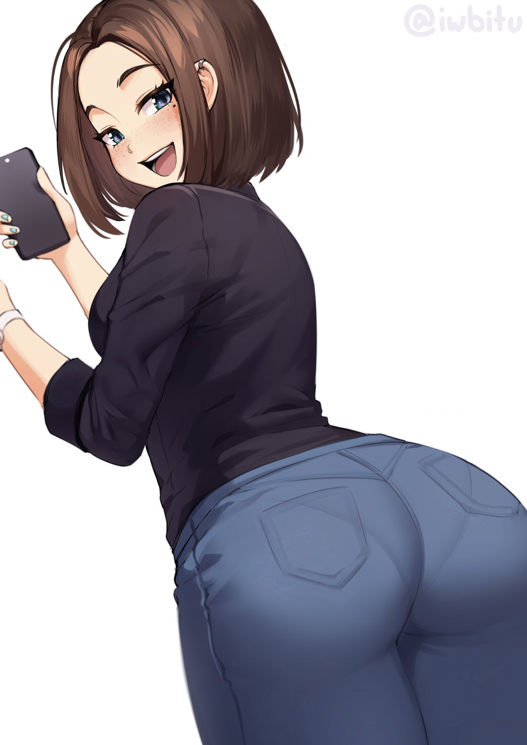 1girls, ass, big ass, blue eyes, blue nails, brown hair, female, female only, freckles, iwbitu, jeans, looking at viewer, looking back, mole, mole under eye, nail polish, open mouth, pants, pantylines, phone, samsung, samsung sam, smile, solo, solo female, tight jeans, tight pants, white background