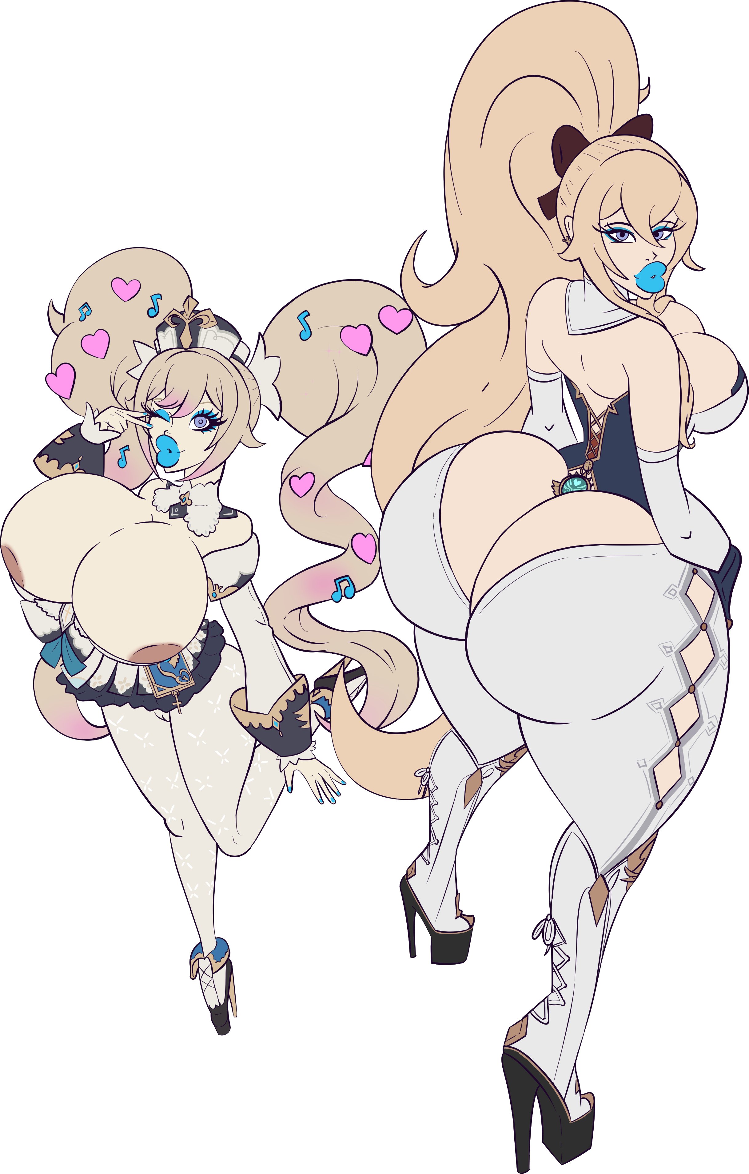 2girls, ass, ass cutout, ballet heels, barbara (genshin impact), big lips, bimbo, bimbo lips, bimbofied, blonde hair, blue eyes, blue eyeshadow, blue lipstick, bow, bradtanker3, breasts, cameltoe, eyeshadow, female, female only, genshin impact, gigantic ass, gloves, heart, heart hair ornament, heart symbol, heels, high heels, huge ass, huge breasts, huge lips, human, jean gunnhildr, large breasts, large nipples, lipstick, looking back, looking over shoulder, makeup, musical note, musical note hair ornament, nail polish, nipples, painted fingernails, painted nails, pigtails, platform heels, ponytail, revealing clothes, simple background, skimpy, slim waist, standing, stockings, thick lips, very high heels, white background, wink