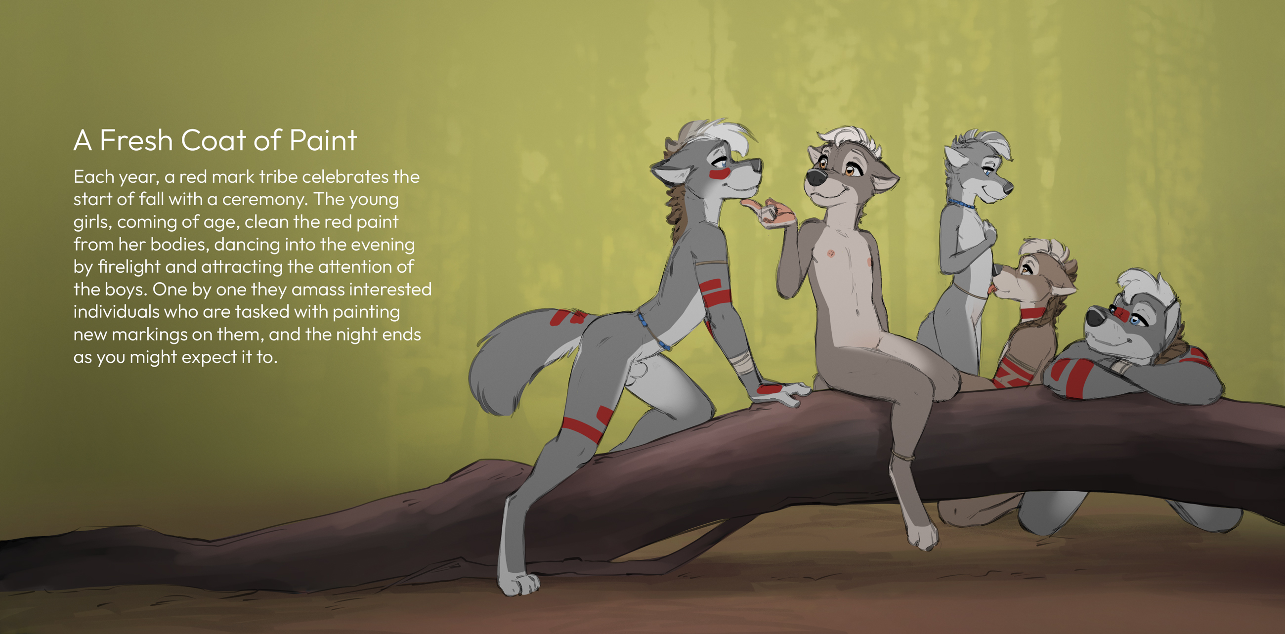 2025, 2girls, 3boys, adam wan, anthro, anthro female, anthro male, anthro on anthro, anthro only, banner, belly, body markings, body paint, breasts, canid, canine, canis, casual nudity, completely naked, completely naked anthro, completely naked female, completely nude, completely nude anthro, completely nude female, cub, cub on cub, dog, dog boy, dog girl, domestic dog, english, english text, eyebrows, female, female cub, flat chest, flat chested, fur, furry, furry female, furry male, furry only, group, imminent sex, leika (zaush), licking, licking stomach, male, male cub, male only, male/female, multiple boys, multiple females, multiple girls, multiple males, naked, naked anthro, naked female, navel, nipples, nude, nude anthro, nude female, outdoors, small breasts, text, tummy, wolf, young, young anthro, young female, young male, zaush