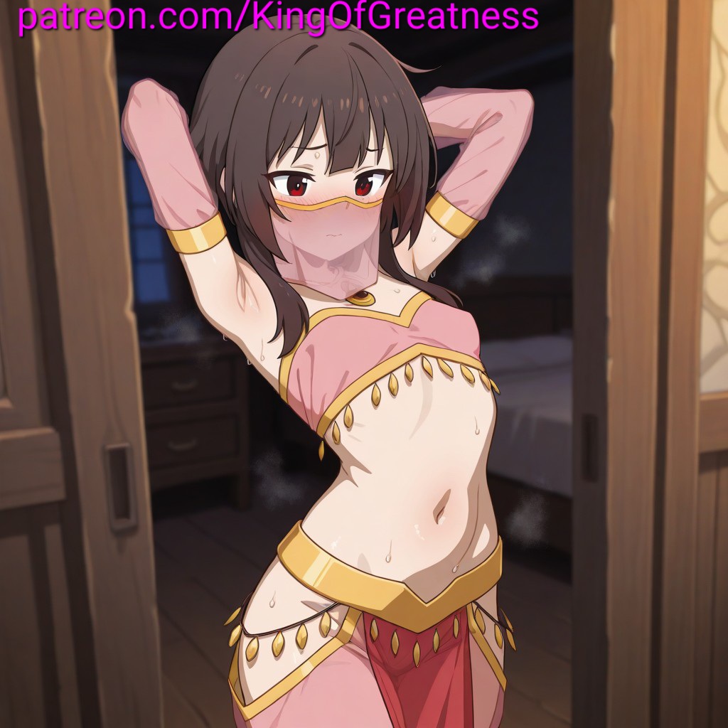1girls, ai generated, alternate costume, belly dancer, belly dancer outfit, blush, female, king of greatness, kono subarashii sekai ni shukufuku wo!, megumin, mouth veil, pink clothes, seductive, sexy, steam, sweat, veil