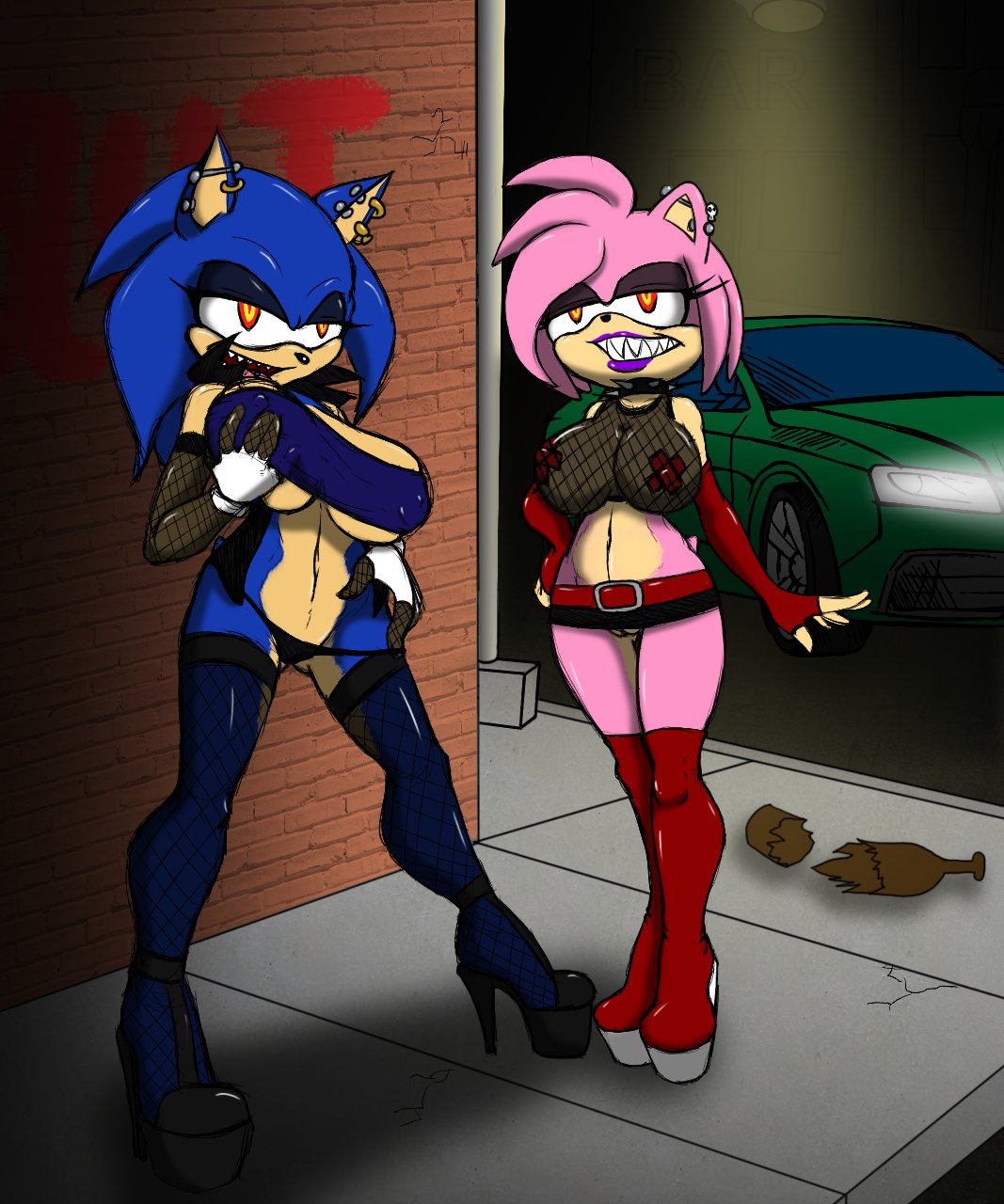 amy_rose blue_body blue_hair boo_(sonic) breasts ear_piercing edit fur furry genderswap_(mtf) hedgehog high_heels lipstick panties pink_body pink_hair possessed_amy_rose possession prostitution pussy risenhentaidemon rule_63 sega slashysmiley sonic_(series) sonic_the_hedgehog sonique_the_hedgehog tagme