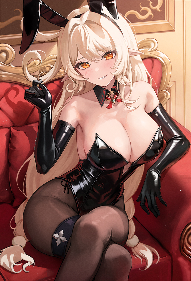alice (genshin impact), alternate costume, animal ear hairband, animal ears, bare shoulders, black gloves, black leotard, black pantyhose, blonde hair, blush, breasts, commentary, couch, crossed legs, detached collar, elbow gloves, fake animal ears, female, genshin impact, gloves, hairband, large breasts, leotard, looking at viewer, mookyuu9, on couch, open mouth, orange eyes, pantyhose, parted lips, playboy bunny, playing with own hair, pointy ears, rabbit ear hairband, rabbit ears, revision, sitting, smile, solo, strapless, strapless leotard