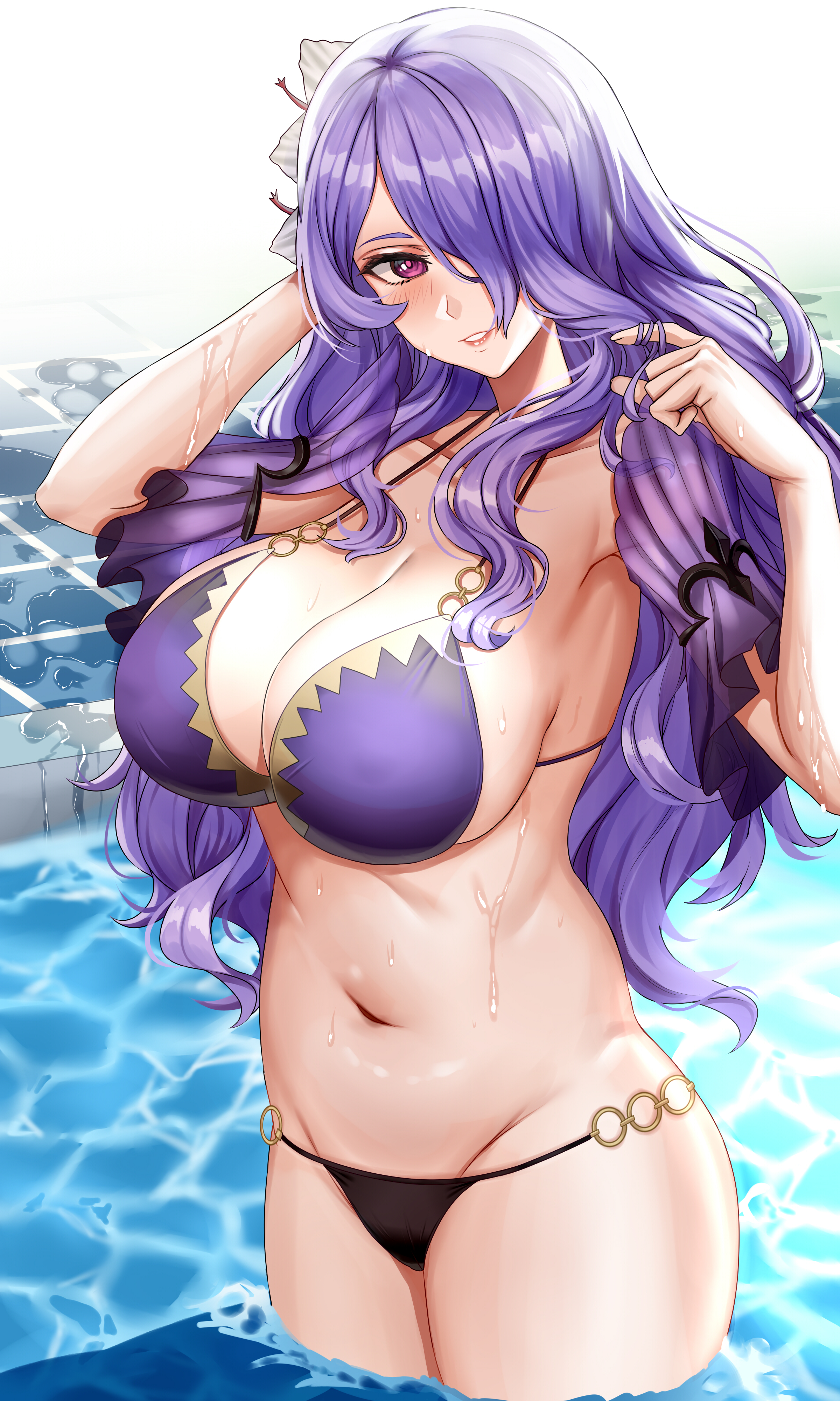 1girls, 2021, alternate costume, arms up, bangs, bare midriff, belly, big breasts, big sister, bikini, black bikini, black bikini bottom, black bottomwear, black swimsuit, blush, blushing, breasts, camilla (fire emblem), child bearing hips, chubby, chubby female, cleavage, collarbone, curvaceous, curvy, curvy female, curvy figure, detached sleeves, elegant, female, female focus, female only, fire emblem, fire emblem fates, fire emblem heroes, flower, flower in hair, hair flower, hair ornament, hair over eye, hair over one eye, hand in hair, hi res, highres, hips, hourglass figure, huge breasts, human, human only, large breasts, long hair, mature, mature female, milf, mommy kink, navel, nintendo, o-ring, one eye covered, one eye obstructed, parted lips, piukute062, pool, princess, purple bikini, purple bikini top, purple eyes, purple hair, purple swimsuit, purple topwear, royalty, see-through, see-through clothing, slightly chubby, smile, smiling, solo, solo female, stomach, swimsuit, thick, thick hips, thick thighs, thighs, wading, water, wavy hair, wet, wet body, wide hips