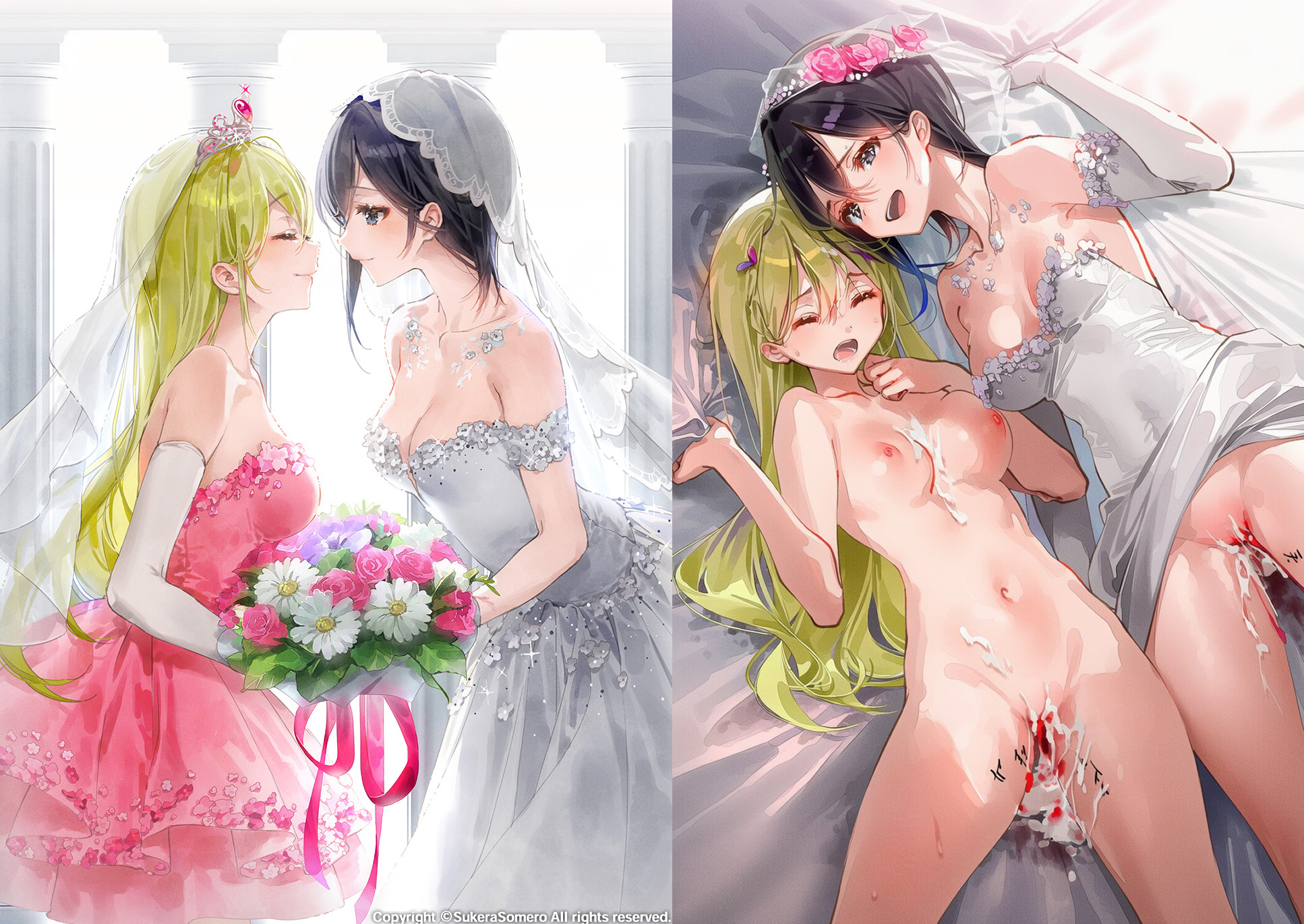 ai generated, before and after, blood, cum in pussy, defloration, elylesbisexual, female, lesbian conversion, lesbian with male, male, orgy, orientation play, pussy, straight, wedding dress, wedding veil