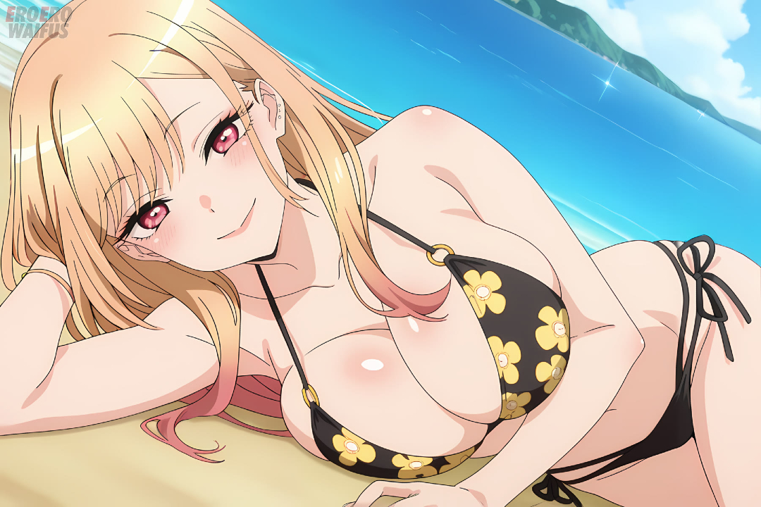 ai generated, bare thighs, beach, bikini, blonde hair, breasts, eroero waifus, female, gigantic breasts, gyaru, huge breasts, huge thighs, kitagawa marin, light skin, light-skinned female, long hair, looking at viewer, massive breasts, multicolored hair, my dress up darling, pink eyes, smiling, solo female, sono bisque doll wa koi wo suru, squatting, sweat, sweatdrop, thick body, thick female, thick thighs, thighs, voluptuous, voluptuous female