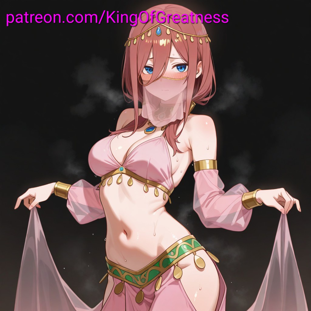 1girls, ai generated, alternate costume, belly dancer, belly dancer outfit, blue eyes, blush, breasts, brown hair, female, go-toubun no hanayome, mouth veil, nakano miku, navel, pink clothes, seductive, sexy, steam, sweat, veil