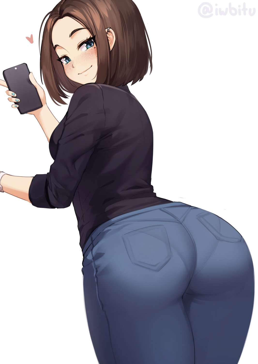 1girls, ass, big ass, big butt, blue eyes, blue nails, breasts, brown hair, female, female only, freckles, hips, huge ass, huge butt, iwbitu, jeans, large ass, large butt, looking at viewer, looking back, mole, mole under eye, nail polish, pants, pantylines, phone, samsung, samsung sam, smile, solo, solo female, thick, thick ass, thick thighs, thighs, tight jeans, tight pants, white background, wide hips