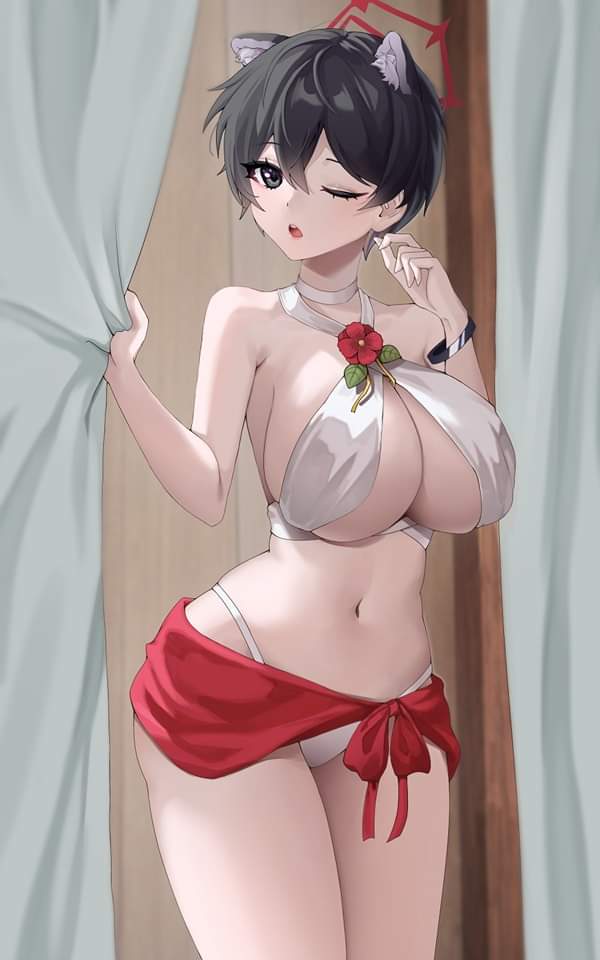 1girls, animal ears, artist request, big breasts, blue archive, bob cut, breasts, curtains, female, female only, half-closed eyes, halo, swimsuit, tsubaki (blue archive)