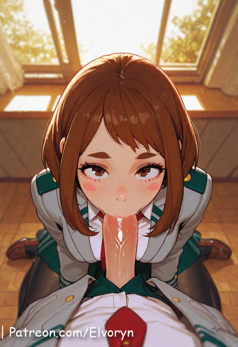 1boy, 1girls, ai generated, areola, black legwear, blush, boku no hero academia, bottomless, breasts, brown eyes, brown hair, elvoryn, fellatio, female, female focus, female on cloth, from above, highres, looking at viewer, looking up, male, male/female, my hero academia, naked, naked female, naked male, nipples, no bra, no panties, nude, nude female, ochako uraraka, penis, penis in mouth, pussy, short hair, stable diffusion, sucking, sucking penis, sweat, sweatdrop, thighhighs, thighs, topless, topless female, uncensored, uraraka ochako