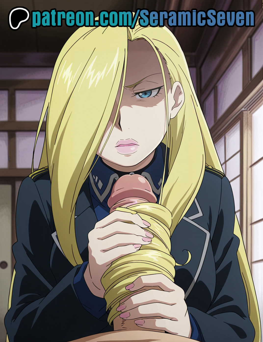 1boy, 1boy1girl, 1female, 1girls, 2025, 2d, ai generated, anime, anime style, blonde female, blonde hair, blonde-haired female, blue eyes, erection, female, fullmetal alchemist, fullmetal alchemist brotherhood, hair, hair around penis, hair covering eye, hairjob, half-closed eyes, handjob, light skin, light-skinned female, light-skinned male, long hair, male, male pov, milf, mommy, olivier mira armstrong, one eye covered, parted lips, penis, pov, pov male, precum, seramic seven, shaded face, stroking penis, uncensored, uncensored penis