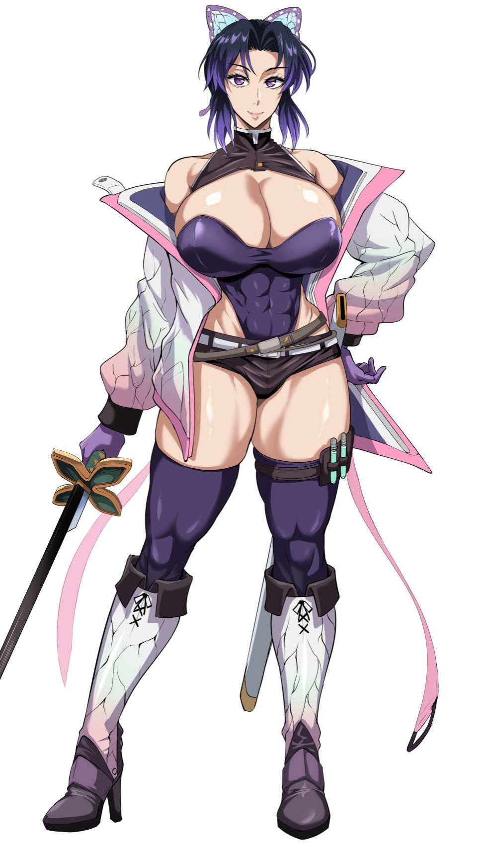 1girls, 2d, abs, bewitching thighs, big breasts, breasts, demon slayer, female, full body, jet puri, kimetsu no yaiba, kochou shinobu, tagme