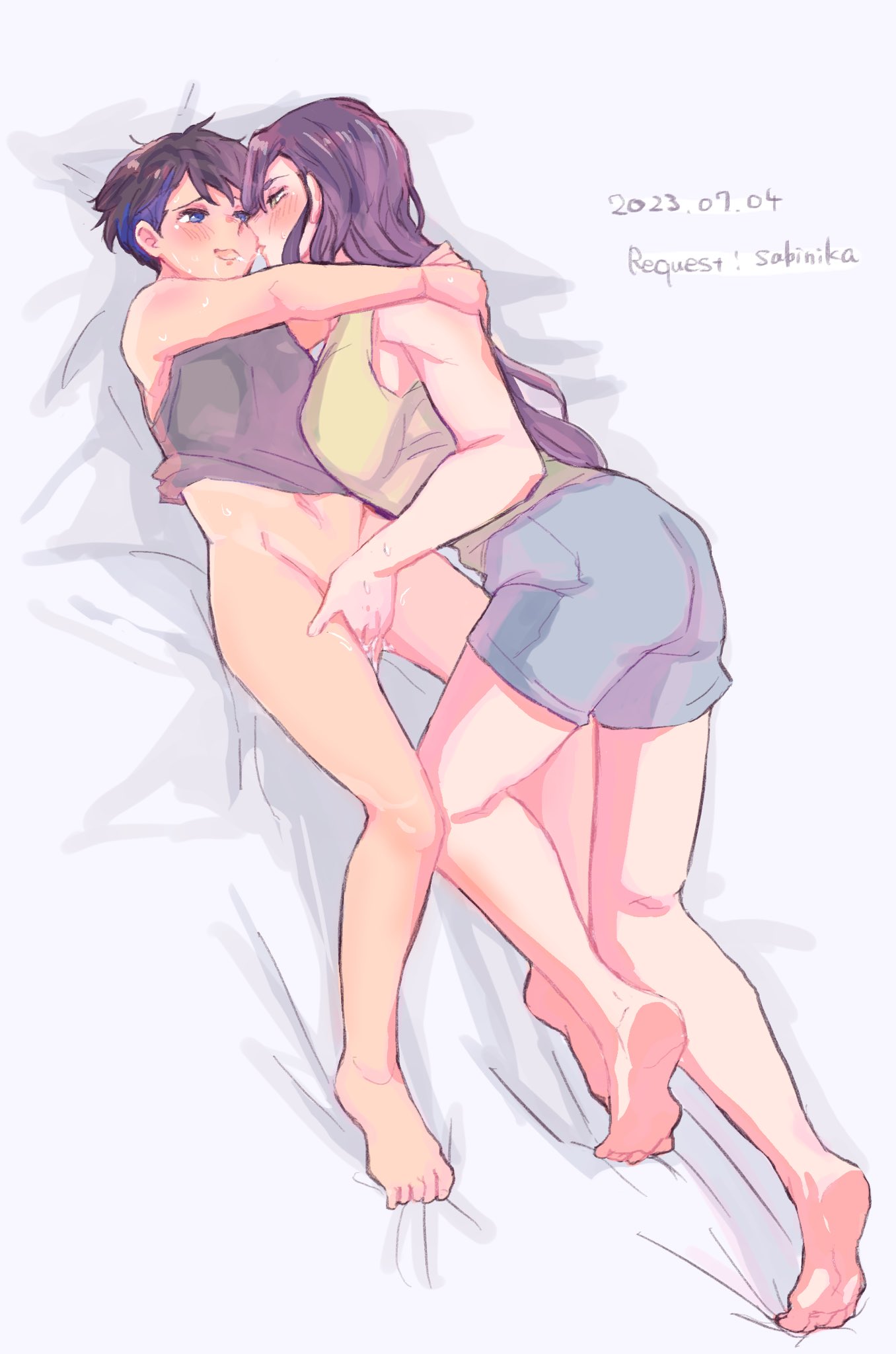 2girls after_kiss artist_request barefoot black_hair blue_eyes blue_hair blush bottomless dated eye_contact feet fingering gundam gundam_suisei_no_majo highres hug long_hair looking_at_another multicolored_hair multiple_girls navel nika_nanaura official_alternate_hair_length official_alternate_hairstyle purple_hair sabina_fardin saliva saliva_trail satoshi_(peso727) short_hair shorts sleeveless soles toes very_short_hair yellow_eyes yuri