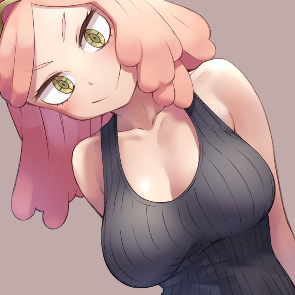 1girls, black shirt, blush, breasts, cleavage, collarbone, commentary request, female, female focus, head tilt, large breasts, looking at viewer, medium hair, mei hatsume, mochi (mochi444420), my hero academia, pink hair, pink-haired female, ribbed shirt, shirt, smile, solo, symbol-shaped pupils, tank top, upper body, yellow eyes