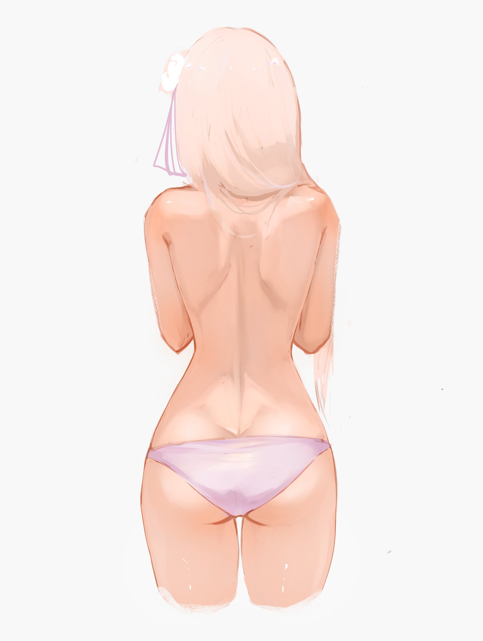 1girls, ass, back view, bare back, butt, butt crack, elf, elf female, emilia (re:zero), exposed back, naked, naked female, nude, nude female, panties, panties only, re:zero kara hajimeru isekai seikatsu, silver hair, solo, standing, thighs, topless, topless female, underwear, white background