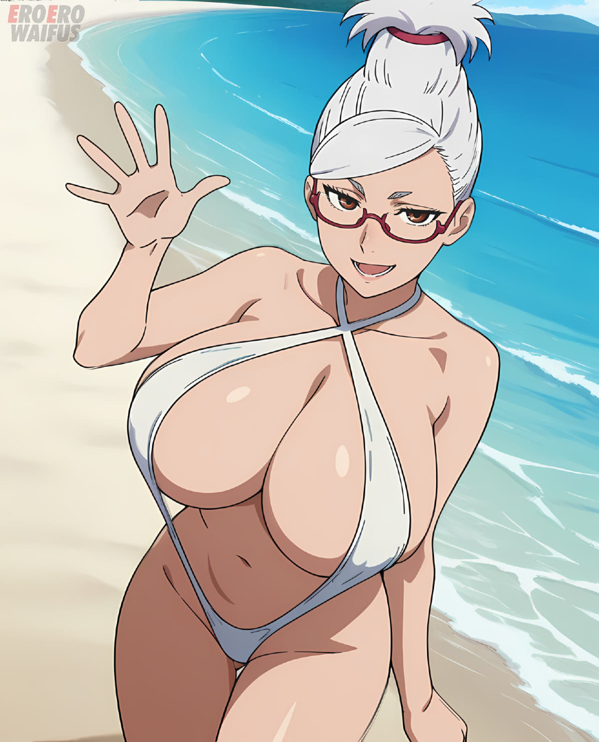ai generated, ayase seiko, bare thighs, beach, breasts, brown eyes, dandadan, eroero waifus, female, gigantic breasts, glasses, hair bun, huge breasts, huge thighs, light skin, light-skinned female, looking at viewer, massive breasts, mature female, milf, shounen jump+, sling bikini, slingshot swimsuit, smiling, solo female, squatting, sweat, sweatdrop, thick body, thick female, thick thighs, thighs, voluptuous, voluptuous female, white hair