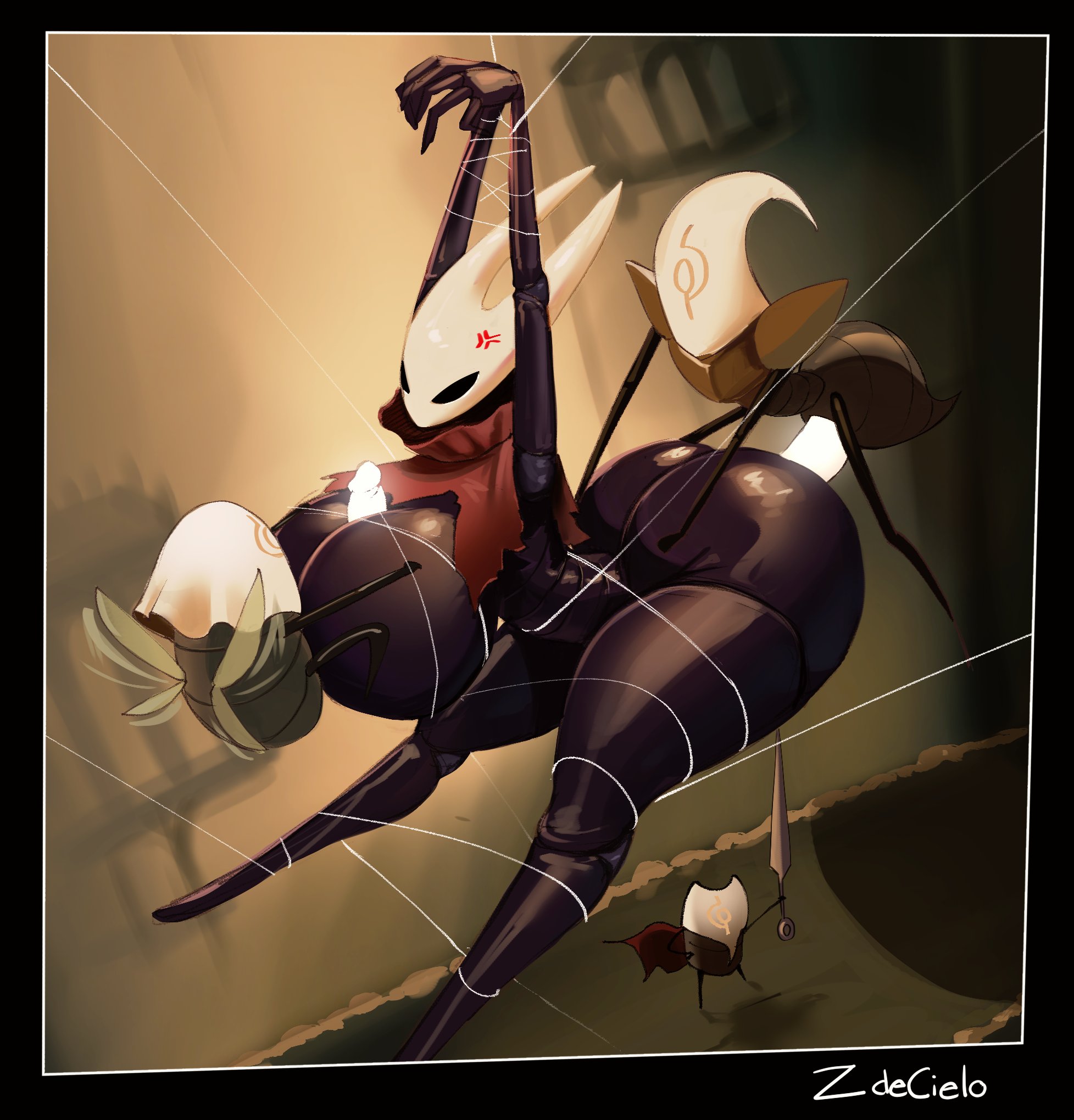1girls, 2boys, breasts, envoy (hollow knight), female, gigantic ass, gigantic breasts, hollow knight, hornet (hollow knight), huge ass, huge breasts, male, memoria (hollow knight), paizuri, reed (hollow knight), restrained, zdecielo