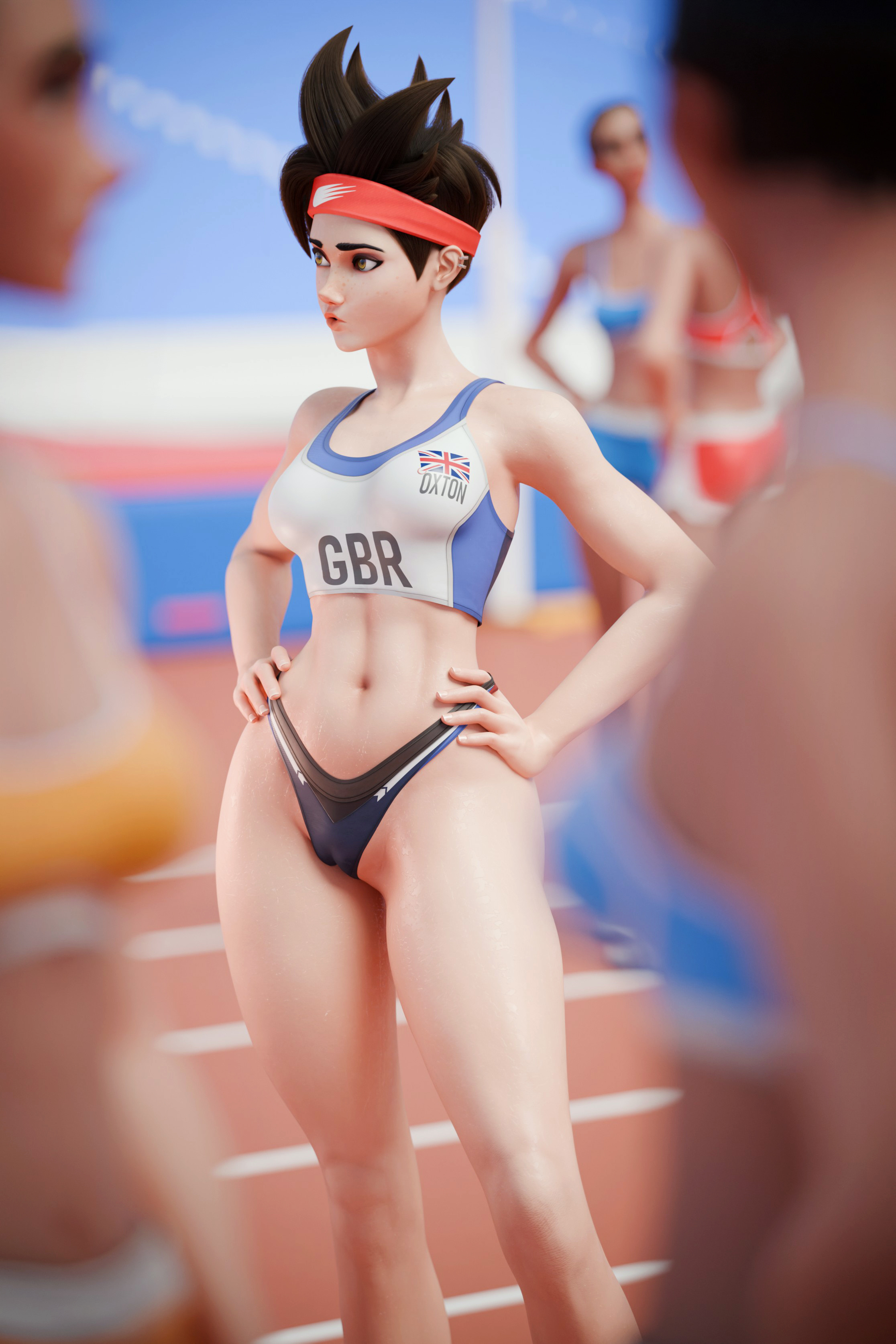 1girls, 3d, 3d (artwork), ass, aviator sunglasses, batesz, big breasts, bikini, bikini bottom, bikini top, blue nails, blurry background, bra, breasts, brown eyes, brown hair, bubble ass, bubble butt, cameltoe, cleavage, clothing, curvy, dressing room, electronics, female, female only, group, head tilt, human, large ass, legs, long legs, looking back, looking over glasses, mirror, nail polish, navel, nonsexual, overwatch, overwatch 2, painted nails, pale skin, phone, realistic, selfpic, short hair, side-tie bikini, solo, sport, sports bra, sports uniform, sportswear, standing, swimsuit, tank top, thighs, tracer, union jack, union jack bikini, union jack tracer, yellow-tinted eyewear