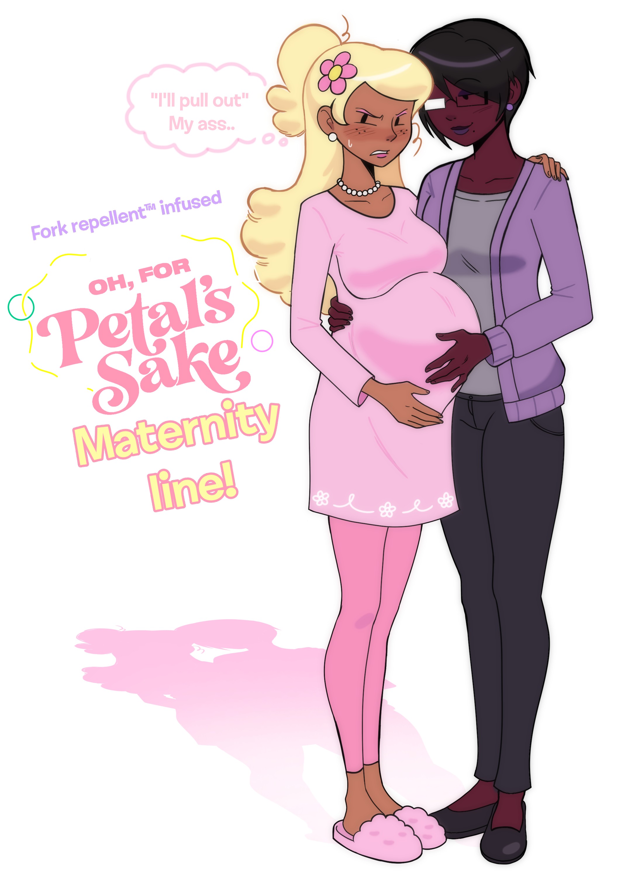 battle for dream island, black hair, blonde hair, breeding, breeding kink, clothed, female, female only, female/female, flower, flower (bfdi), flower in hair, gijinka, human, humanized, implied sex, lollipop, lollipop (bfdi), maternity clothes, maternity dress, object shows, pregnancy, pregnant, pregnant belly, pregnant female, yuri