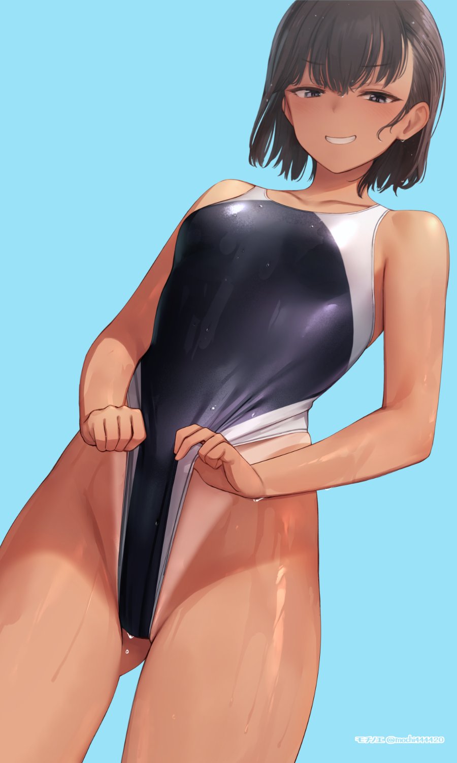 aqua background, blush, breasts, brown hair, clothes pull, commentary request, competition swimsuit, female, frontal wedgie, gluteal fold, grey eyes, grin, highres, looking at viewer, medium breasts, mochi (mochi444420), one-piece swimsuit, one-piece swimsuit pull, one-piece tan, original, simple background, smile, solo, swimsuit, tan, tanline, wedgie, wet, wet clothes, wet hair, wet swimsuit