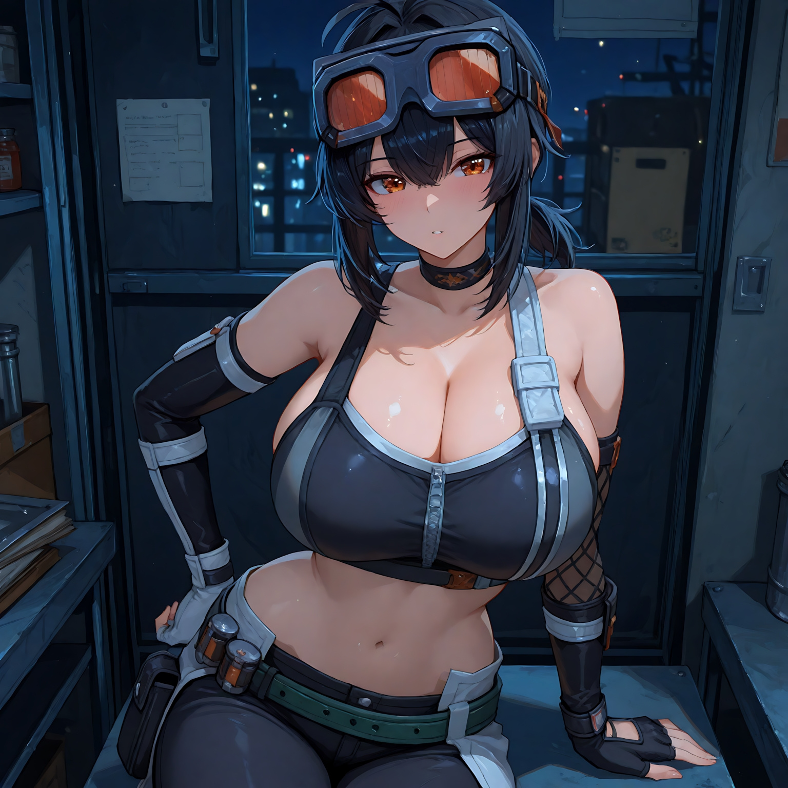 1girls, ai generated, amber eyes, big breasts, black hair, blush, breasts, clothed, female, grace howard, hentaibbc, hoyoverse, huge breasts, large breasts, orange eyes, partially clothed, zenless zone zero