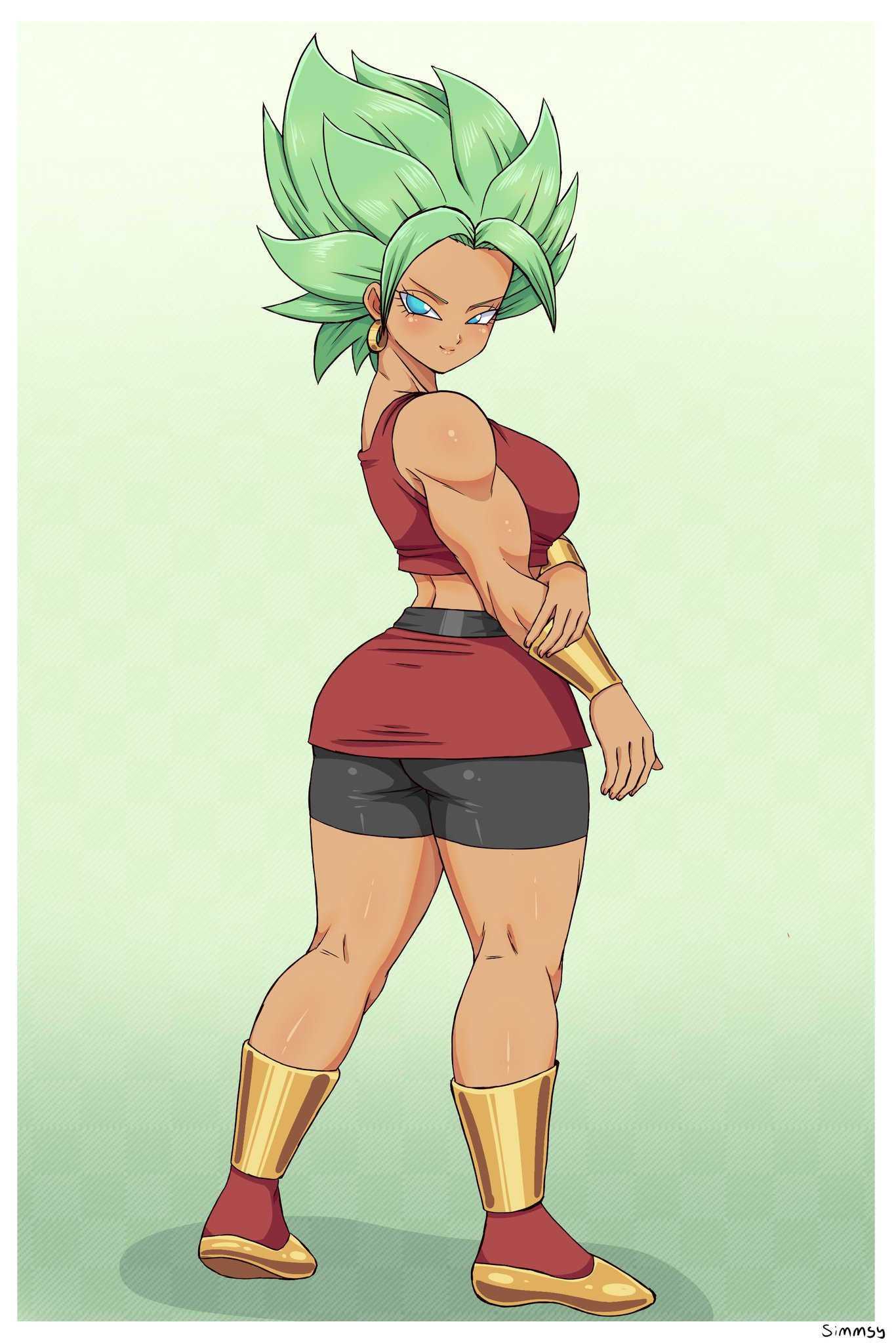 1girls, boots, dragon ball, dragon ball super, female, female only, fully clothed, green hair, kale, kale (berserker), muscular, muscular female, simmsy, solo, super saiyan 2