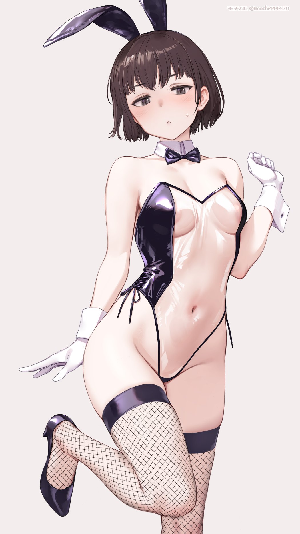 :<, animal ears, areola slip, arm at side, bare shoulders, black bow, black bowtie, black eyes, black shoes, bow, bowtie, breasts, brown hair, closed mouth, collarbone, commentary request, covered navel, detached collar, fake animal ears, female, fishnet thighhighs, fishnets, gloves, grey background, hand up, high heels, highres, leotard, looking at viewer, medium breasts, mochi (mochi444420), original, playboy bunny, rabbit ears, see-through clothes, see-through leotard, shoes, short hair, simple background, solo, standing, standing on one leg, sweatdrop, thighhighs, thighs, translucent bunnysuit, white gloves