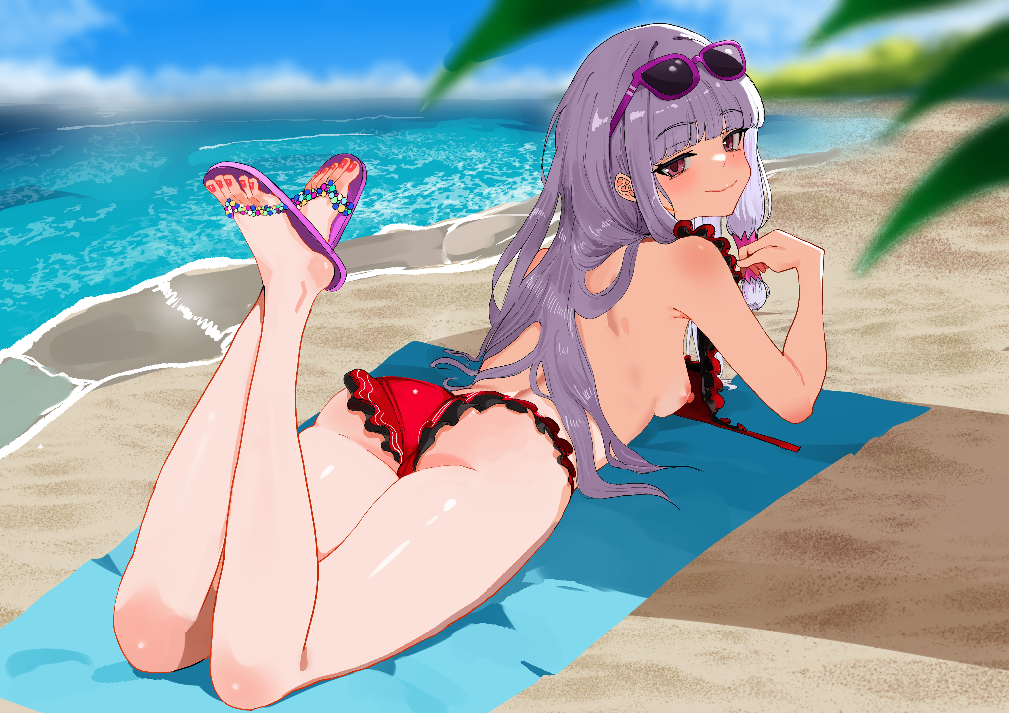 absurdres, agria (midsummer girl) (tales), agria (tales), ass, beach, bikini, blunt bangs, blush, breasts, commission, eyewear on head, feet, feet up, female, flip flops, freckles, frilled bikini, frills, hair rings, highres, long hair, looking at viewer, low-tied sidelocks, lying, nail polish, ocean, official alternate costume, on stomach, outdoors, pink sandals, purple eyes, purple-framed eyewear, red bikini, red nails, sand, sandals, shade, sidelocks, sky, small breasts, smile, solo, sunglasses, swimsuit, tales of (series), tales of asteria, tales of the rays, tales of xillia, white hair, zd (pixiv6210083)