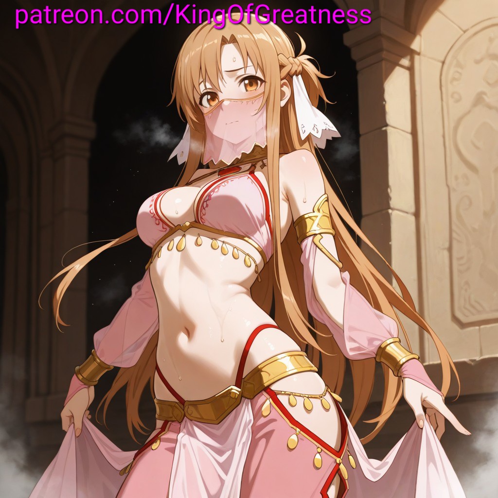 1girls, ai generated, alternate costume, asuna, belly dancer, belly dancer outfit, blush, female, mouth veil, patreon, patreon url, pink clothes, seductive, sexy, steam, sweat, sword art online, veil