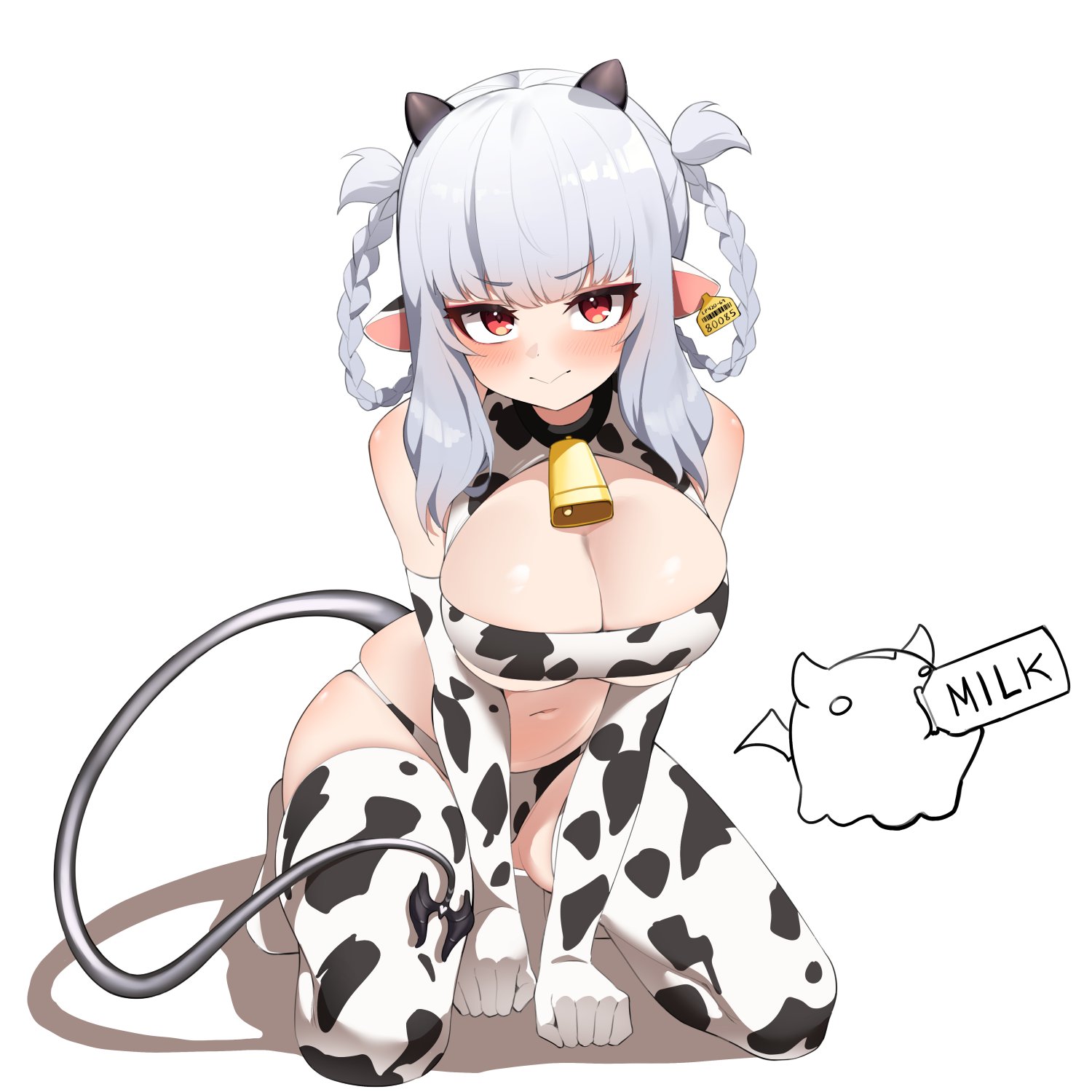 1girl, 1girls, all fours, animal print, barcode, bare shoulders, bell, bell collar, big breasts, bikini, blunt bangs, blush, braid, braided hair rings, breasts, cleavage, closed mouth, collar, cow bell, cow bell collar, cow ears, cow print, cow print bikini, cow print thighhighs, cow tail, cowbell, cowkini, demon girl, demonite (lucy pyre), ear tag, female, female only, full body, grey hair, hair rings, hashtag-only commentary, highres, horns, indie virtual youtuber, large breasts, leaning forward, looking at viewer, lucy pyre, midriff, milkers, nano (nanojyaa), nanojyaa, navel, neck bell, pointy ears, print bikini, print thighhighs, red eyes, revealing clothes, sidelocks, simple background, sitting, skindentation, smile, solo, swimsuit, tail, thick thighs, thighhighs, thighs, tsurime, underboob, virtual youtuber, vtuber, white background
