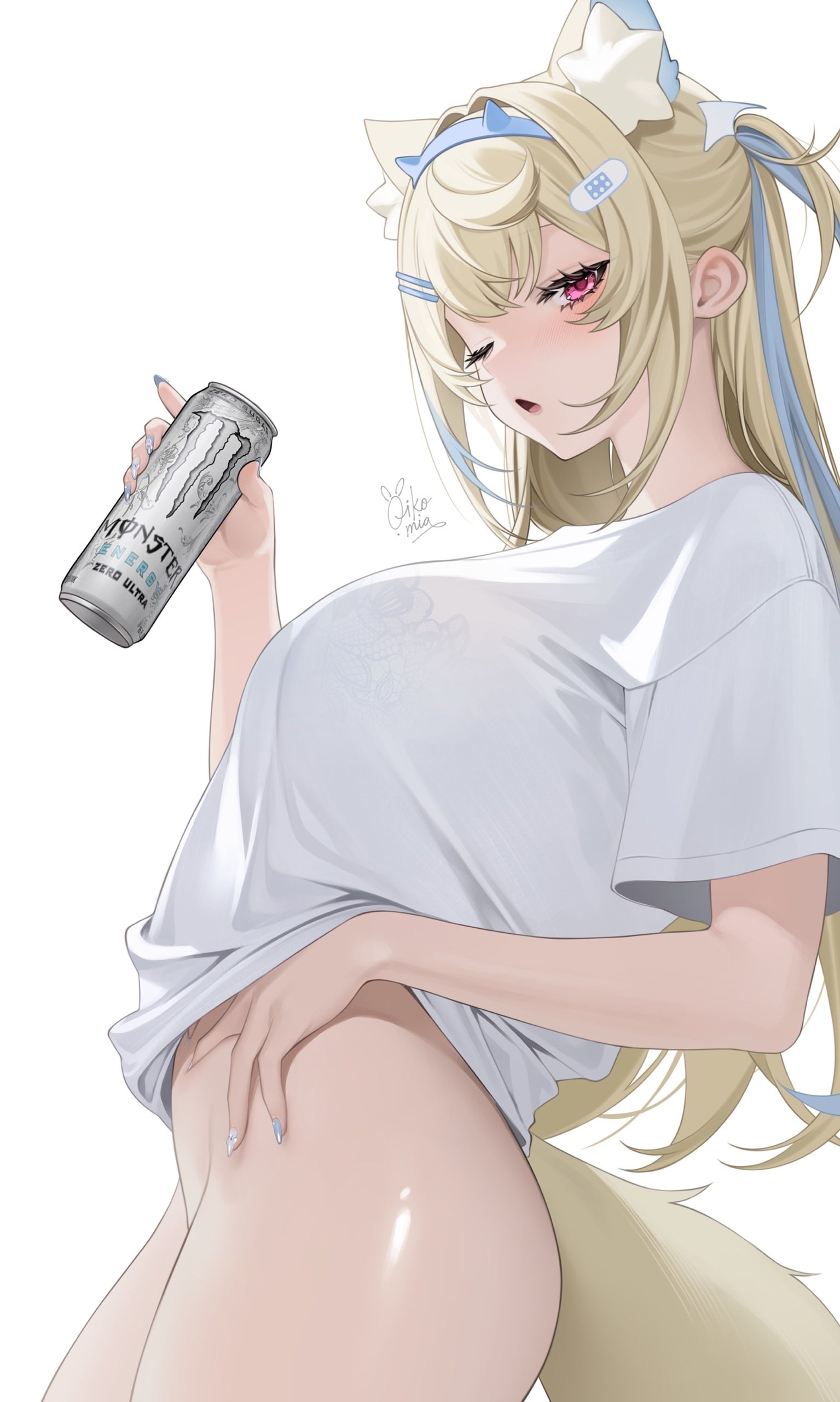 absurdres, animal ears, bandaid, bandaid hair ornament, blonde hair, blue hair, blue hairband, bottomless, bra, breasts, can, crossed bangs, dog ears, dog girl, dog tail, double-parted bangs, energy drink, female, from side, fuwawa abyssgard, hair between eyes, hair ornament, hairband, hairclip, hand on own stomach, hand up, highres, holding, holding can, hololive, hololive english, hololive english -advent-, horn hairband, lace, lace trim, lace-trimmed bra, large breasts, long hair, looking at viewer, monster energy, multi ear, multicolored hair, oikomia, one eye closed, open mouth, parallel hairclips, pink eyes, see-through clothes, see-through shirt, shirt, simple background, solo, streaked hair, t-shirt, tail, two side up, underwear, virtual youtuber, white background, white shirt