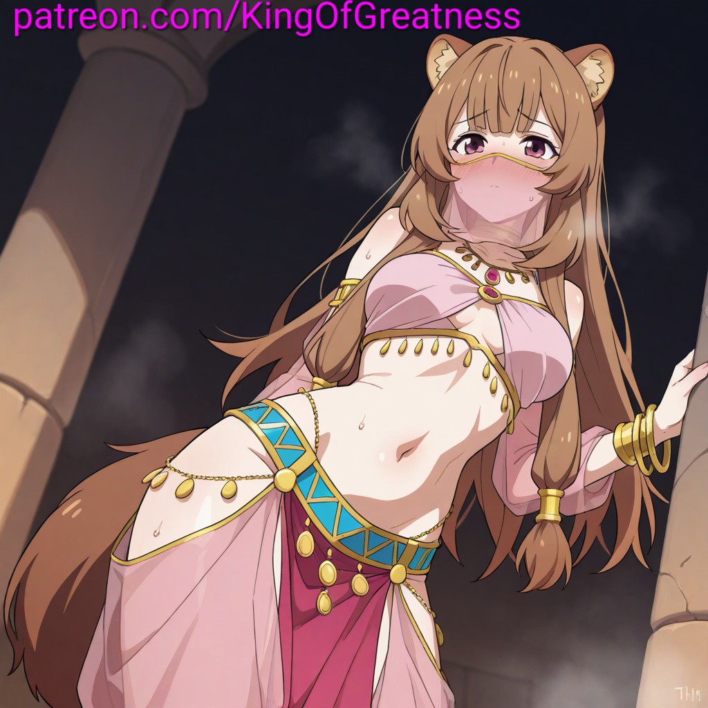 1girls, ai generated, alternate costume, belly dancer, belly dancer outfit, blush, female, mouth veil, pink clothes, raphtalia, seductive, sexy, steam, sweat, tate no yuusha no nariagari, veil