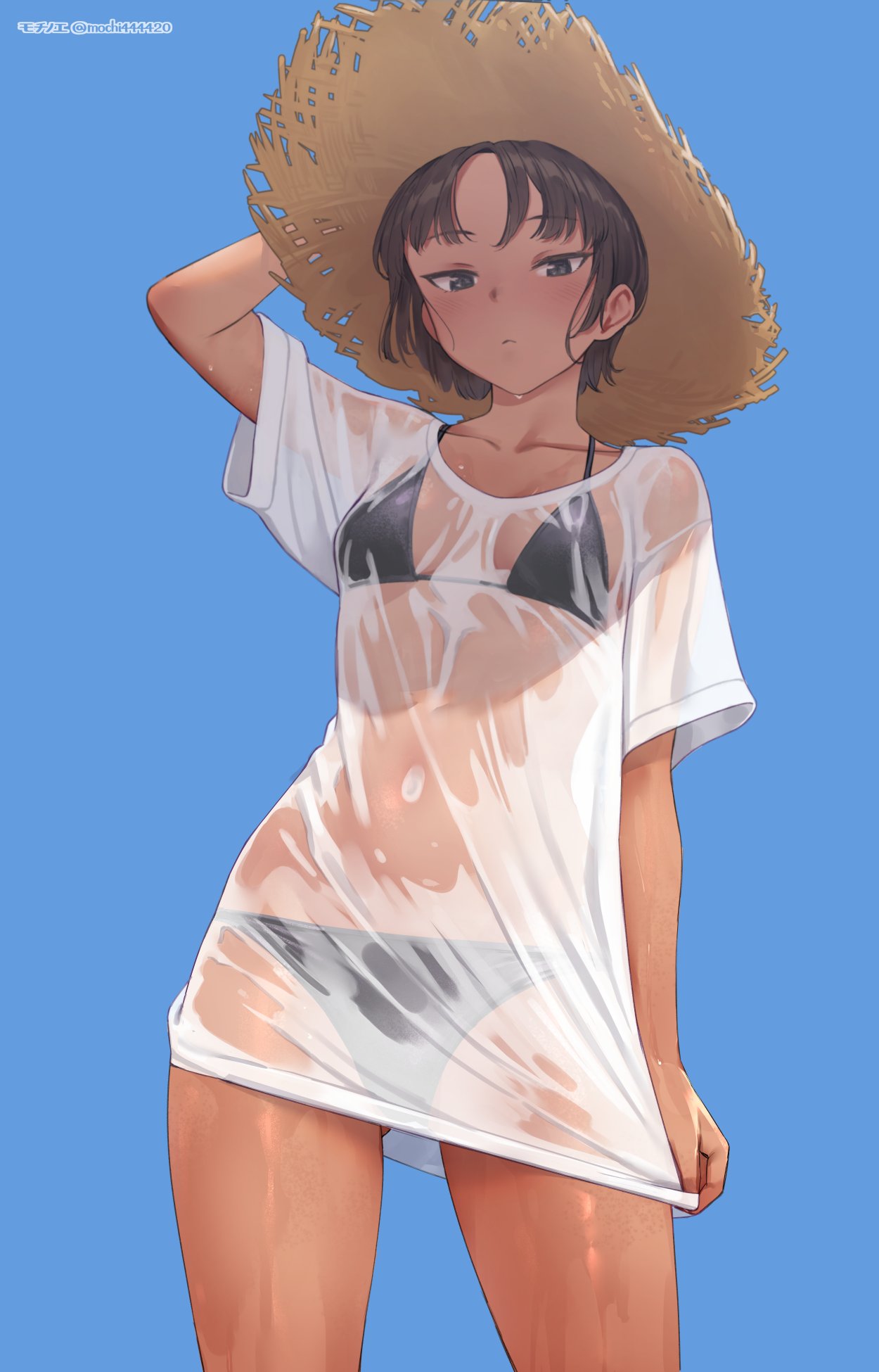 arm up, bikini, bikini under clothes, black bikini, blush, breasts, brown hair, closed mouth, female, hand on headwear, hat, highres, looking at viewer, mochi (mochi444420), original, see-through clothes, see-through shirt, shirt, short hair, short sleeves, simple background, small breasts, solo, straw hat, swimsuit, tan, twitter username, wet, wet clothes, wet shirt, white shirt