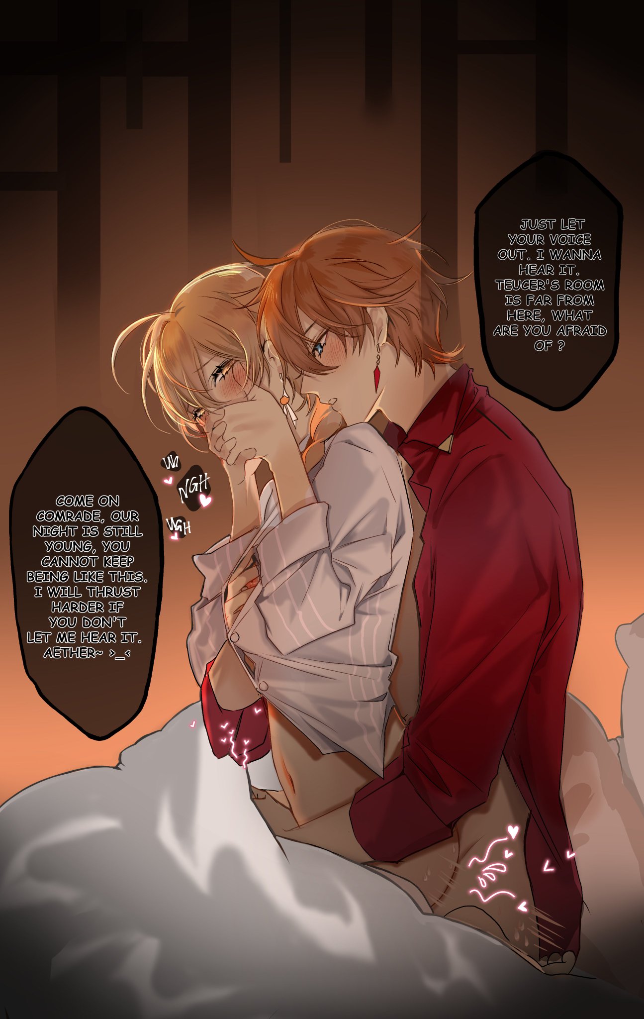 aether (genshin impact), blonde hair, childe (genshin impact), covering mouth, dialogue, earrings, english text, femboy, genshin impact, long hair, male, male only, male/male, orange hair, partially clothed, penis, short hair, sitting on lap, sitting on penis, tartaglia (genshin impact), yaoi