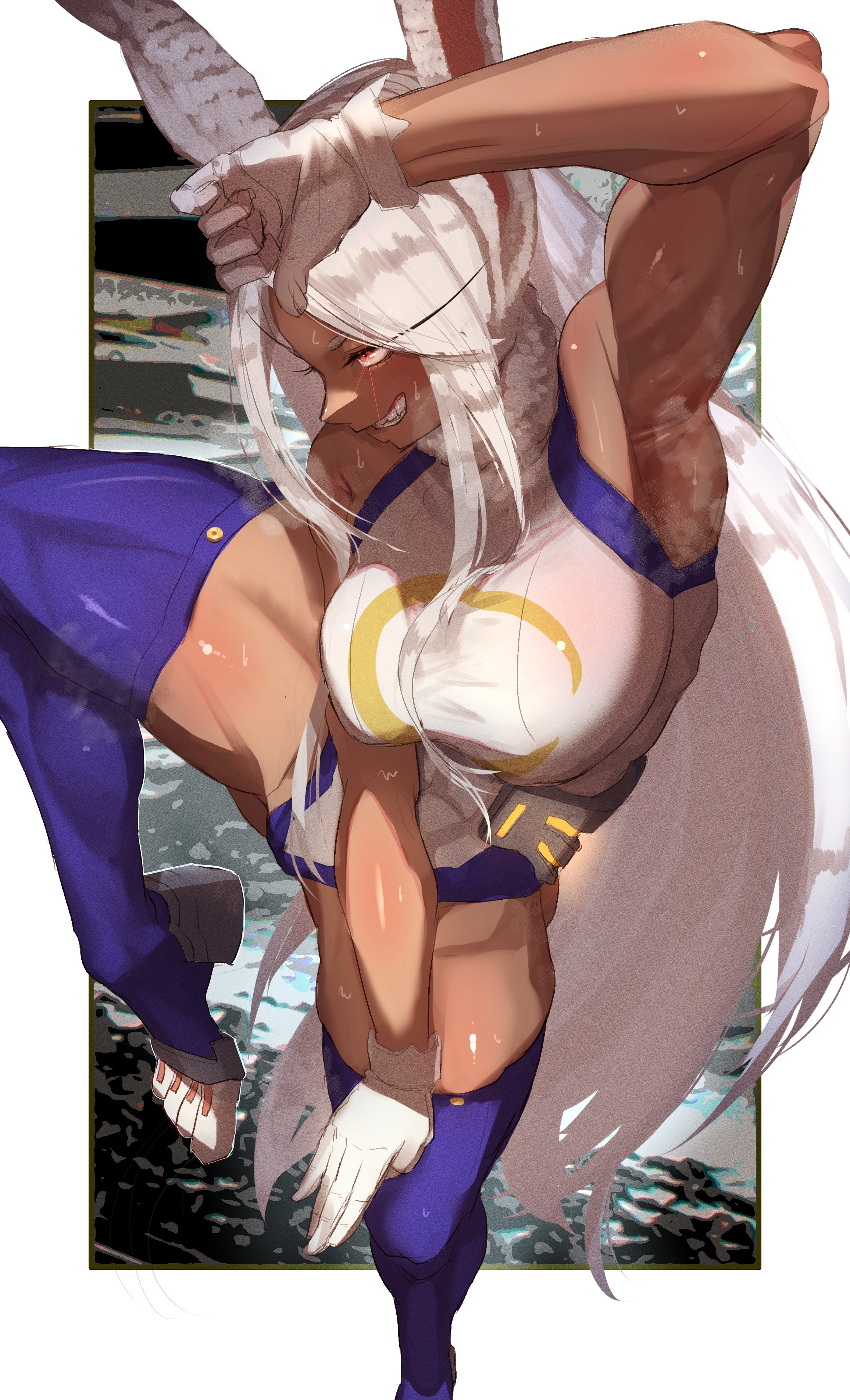 1girls, abs, absurd res, absurdres, armpits, bare shoulders, big breasts, breasts, bunny ears, bunny girl, bunny tail, busty, commentary request, dark skin, dark-skinned female, deep navel, female, female only, hero outfit (mha), hi res, highres, kicking, large breasts, legs, legwear, leotard, long hair, midriff, miruko, muscles, muscular, muscular arms, muscular female, muscular legs, muscular thighs, my hero academia, navel, nipple bulge, rabbit ears, rabbit girl, rabbit tail, red eyes, rumi usagiyama, shiny, shiny skin, skin tight, smile, smiling, solo, solo female, thick, thick thighs, thigh highs, thighhighs, thighs, tight, tight clothes, tight clothing, tight fit, white hair