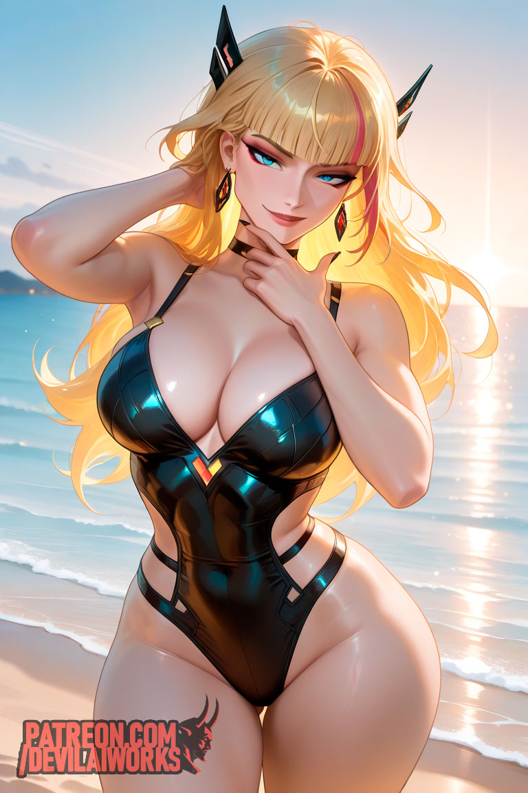 ai generated, beach, big ass, big breasts, blonde hair, breasts, devilaiworks, female, magik (illyana rasputin), magik (marvel rivals), marvel, marvel comics, marvel rivals, swimsuit
