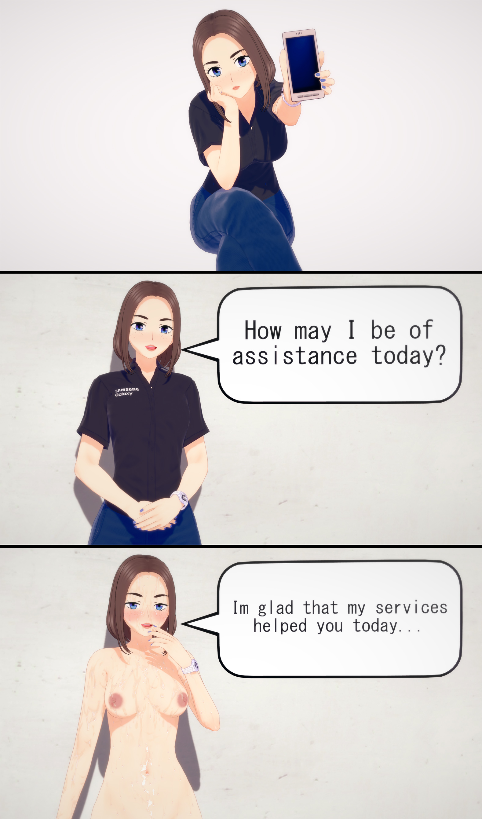 3d, athletic, athletic female, before and after, blue eyes, breasts, brown hair, bukkake, busty, cum, female, female focus, female only, koikatsu, medium breasts, nail polish, pose, posing, samsung, samsung sam, short hair, speech bubble, sweat, tagme, undressing, ydnar