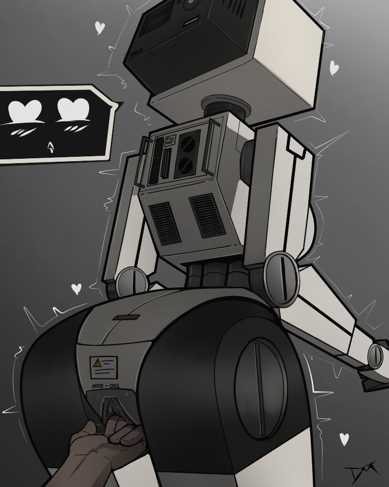 2025, ambiguous gender, back view, blush, digital media (artwork), female, female focus, female/ambiguous, fingering, handles on back, heart eyes, heart symbol, mrdoccon, pussy, pussy juice, robot, robot girl, robot humanoid, robot joints, robotic arms, robotic legs, screen face, screen head, shaking, signature, simple background, solo, solo female, solo focus, tremble spikes, trembling, tv head, warning label, white body