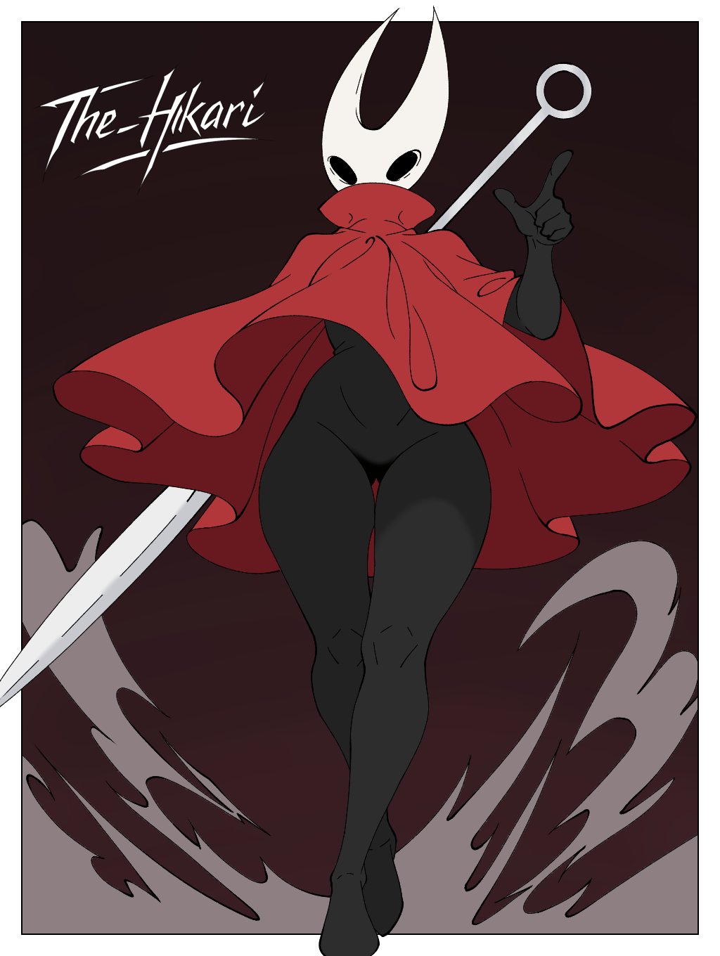 black body, black skin, bug, bug girl, cloak only, curvy, curvy female, curvy figure, curvy hips, female, hollow knight, hollow knight: silksong, hornet (hollow knight), red cloak, the hikari