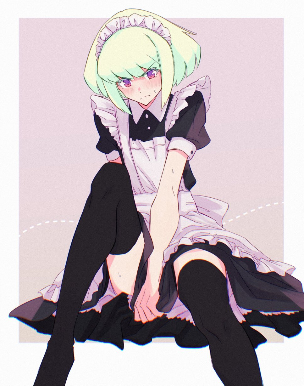 1boy, androgynous, black socks, blush, blushing, bob cut, clothing, covering crotch, crossdressing, embarrassed, embarrassed expression, femboy, fully clothed, lio fotia, looking at viewer, maid, maid dress, maid headdress, maid outfit, male, promare, short hair, socks, solo, stockings, thigh socks, thighhighs, twink