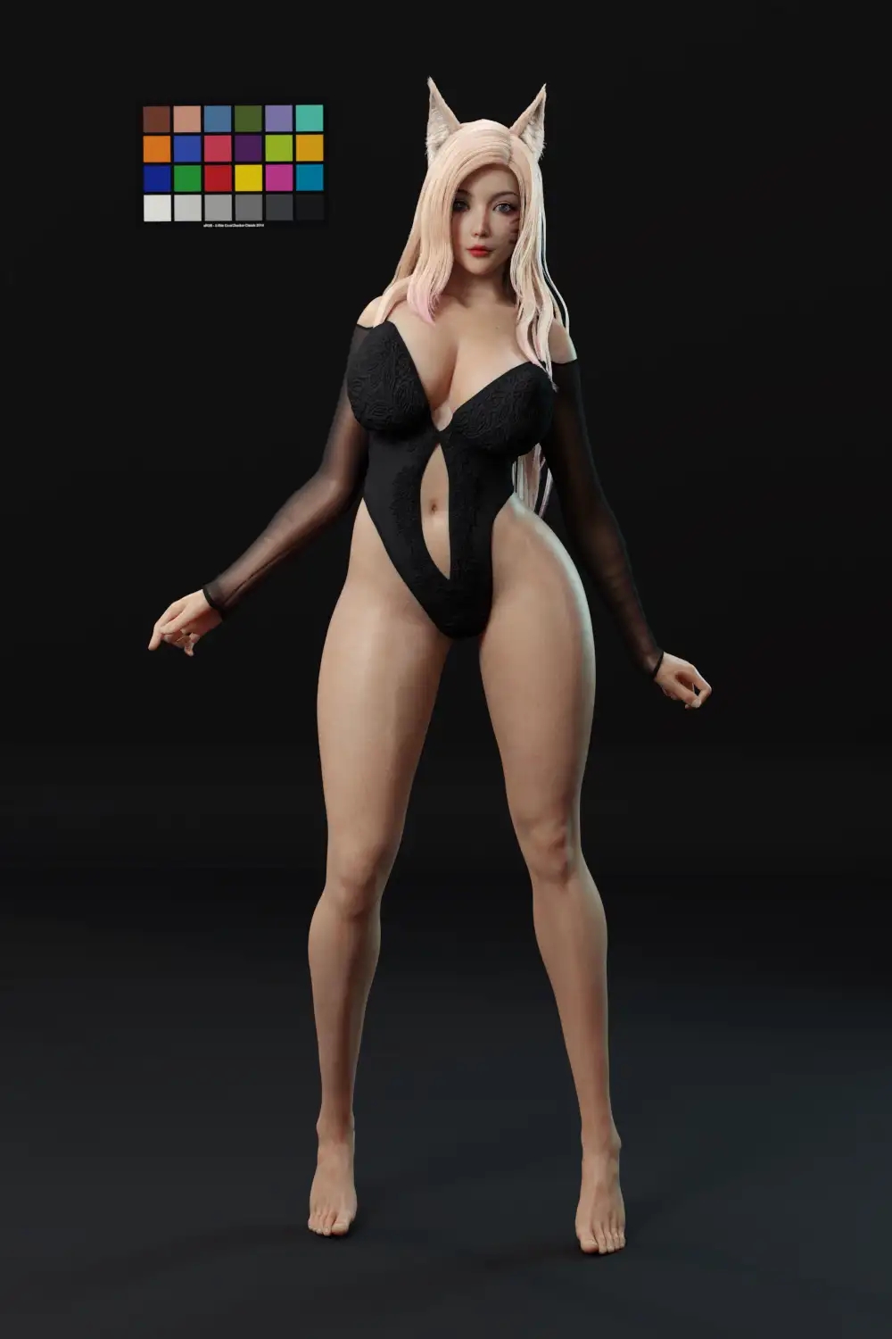 3d, ahri, bamh3d, bewitching thighs, big breasts, blender, blonde hair, breasts, cleavage, female, fox ears, full body, league of legends