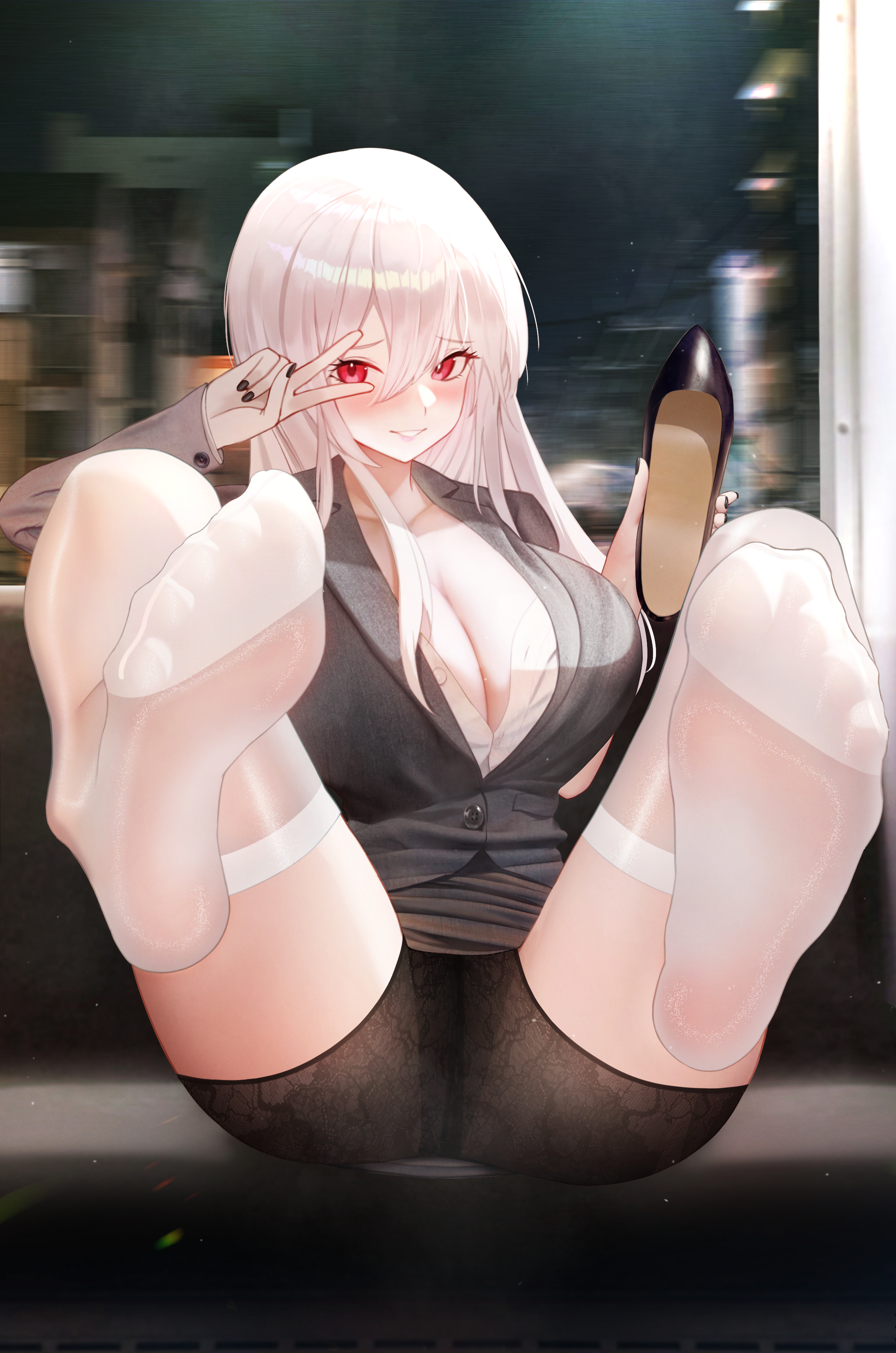 ass, black footwear, black jacket, black nails, black panties, black skirt, blurry, blush, breasts, cleavage, closed mouth, collarbone, eyelashes, feet, feet up, female, fine fabric emphasis, foot focus, foreshortening, hair between eyes, high heels, highres, holding, holding footwear, holding shoes, holding unworn clothes, jacket, large breasts, legs, legs up, long hair, long sleeves, looking at viewer, nail polish, night, no shoes, office lady, panties, presenting foot, red eyes, see through legwear, see-through clothes, shirt, shoes, shorts, shorts under skirt, sitting, skirt, smile, soles, solo, thighhighs, thighs, toes, underwear, unworn shoes, ursica, v, v over eye, vocaloid, white hair, white shirt, white thighhighs, yowane haku